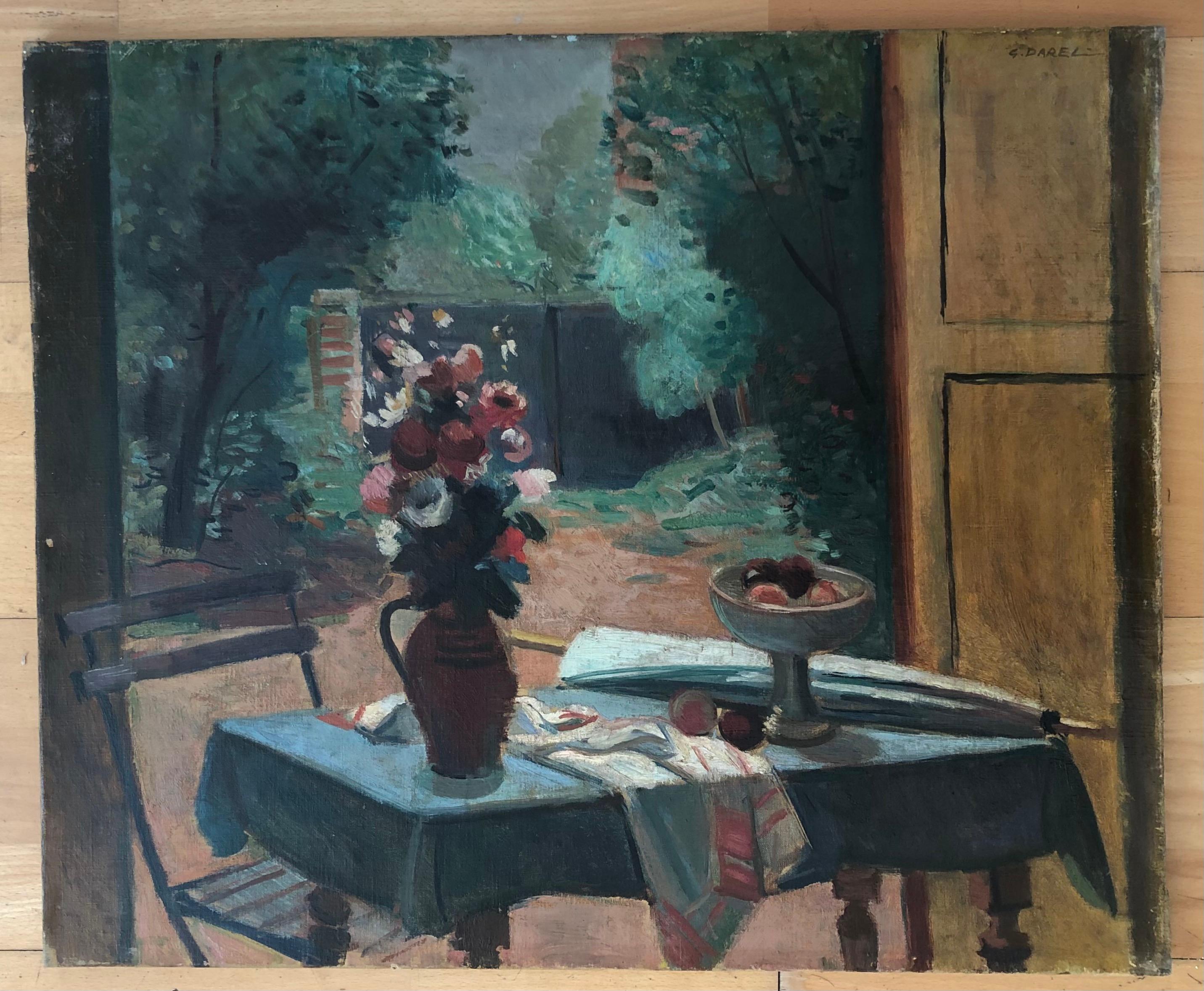 Flowery table and garden view - Painting by Georges Darel