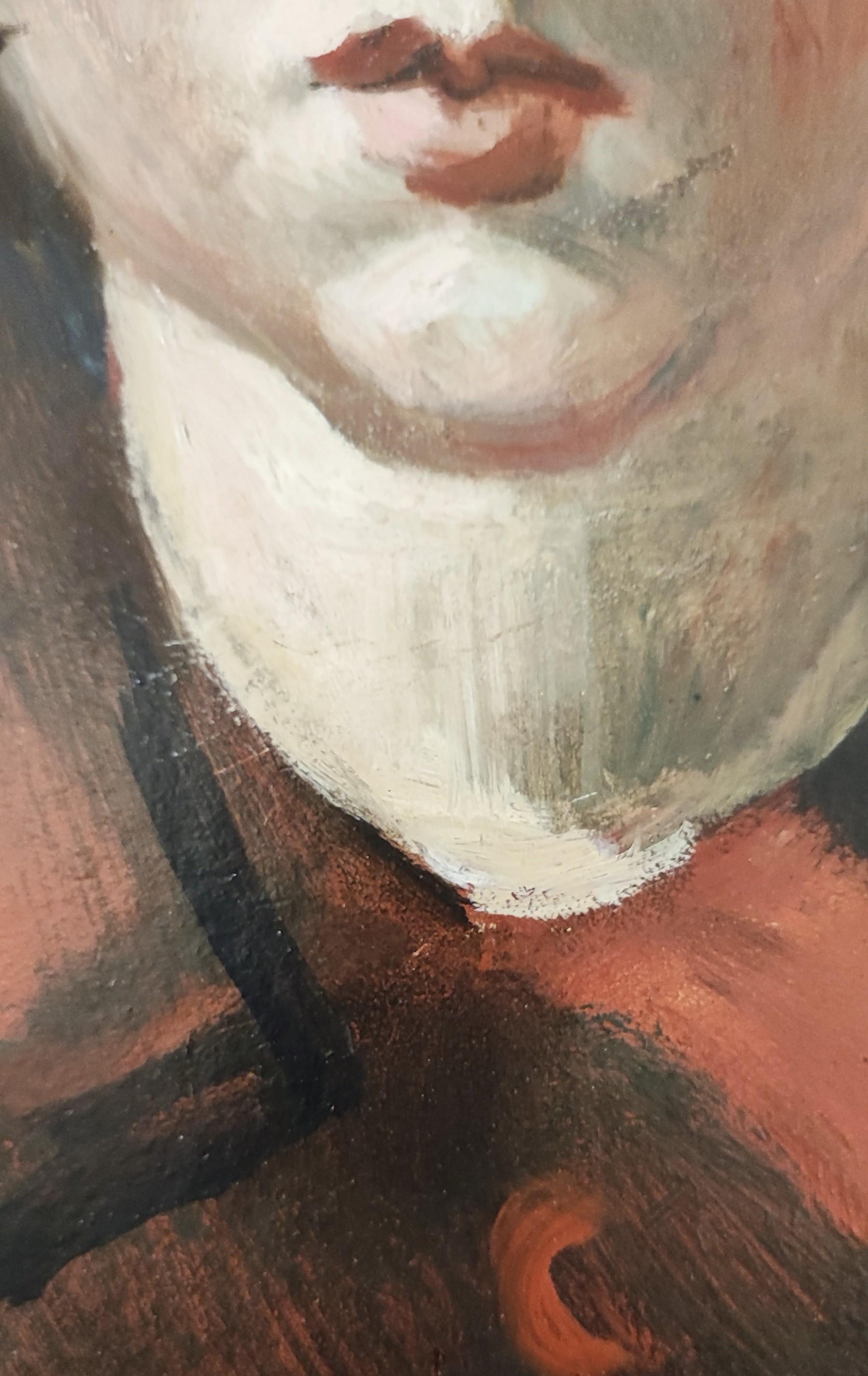 Arbeiten auf Holz
Dieses fesselnde Porträt zeigt ein melancholisches junges Gesicht, das mit einer bemerkenswerten Beherrschung von Grau- und Brauntönen ausgeführt wurde. Mit einem geschickten Pinsel fängt der Künstler die Seele des Porträtierten