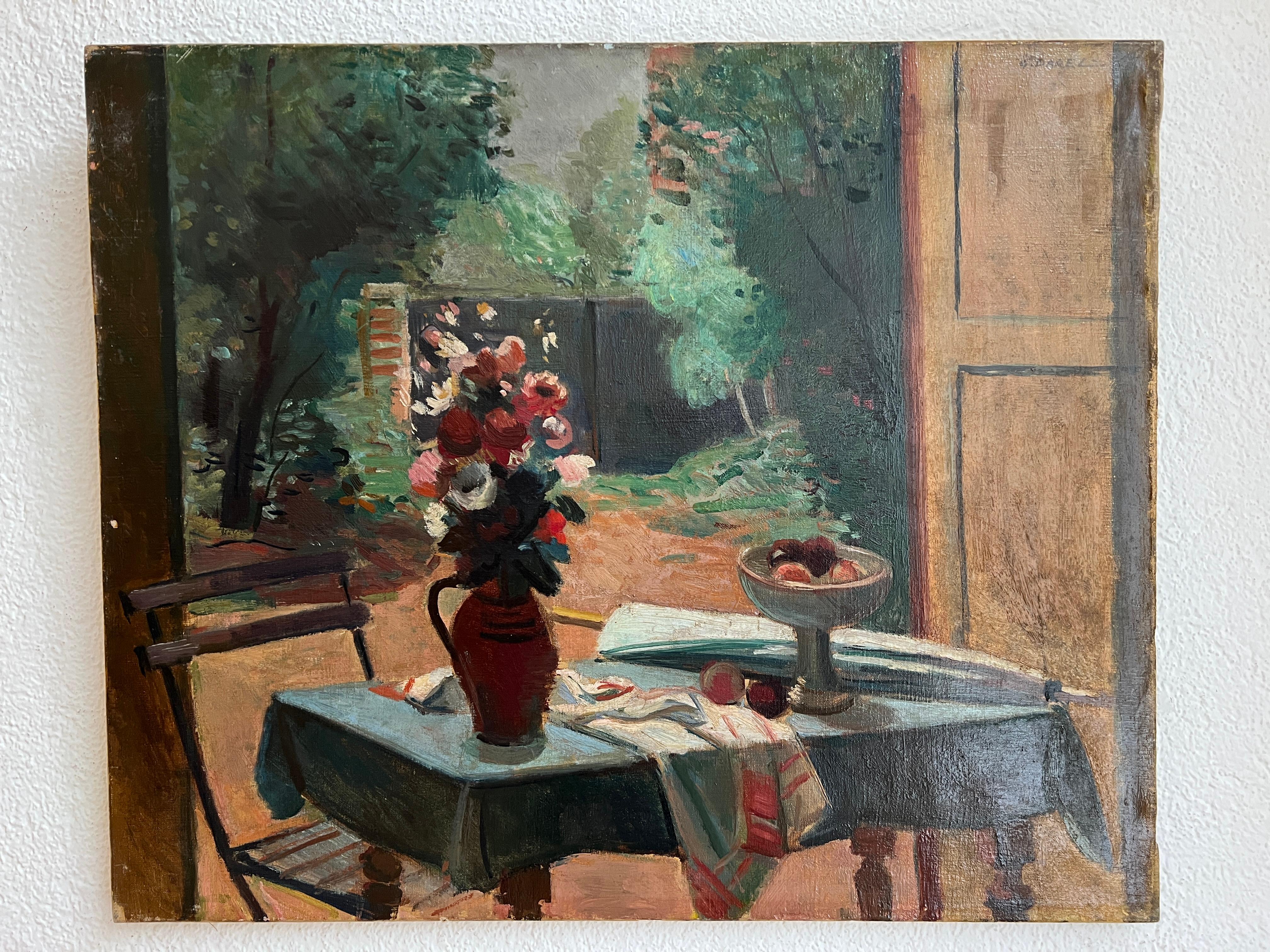 Umbrella, Blumenstrauß und Obstschale – Painting von Georges Darel