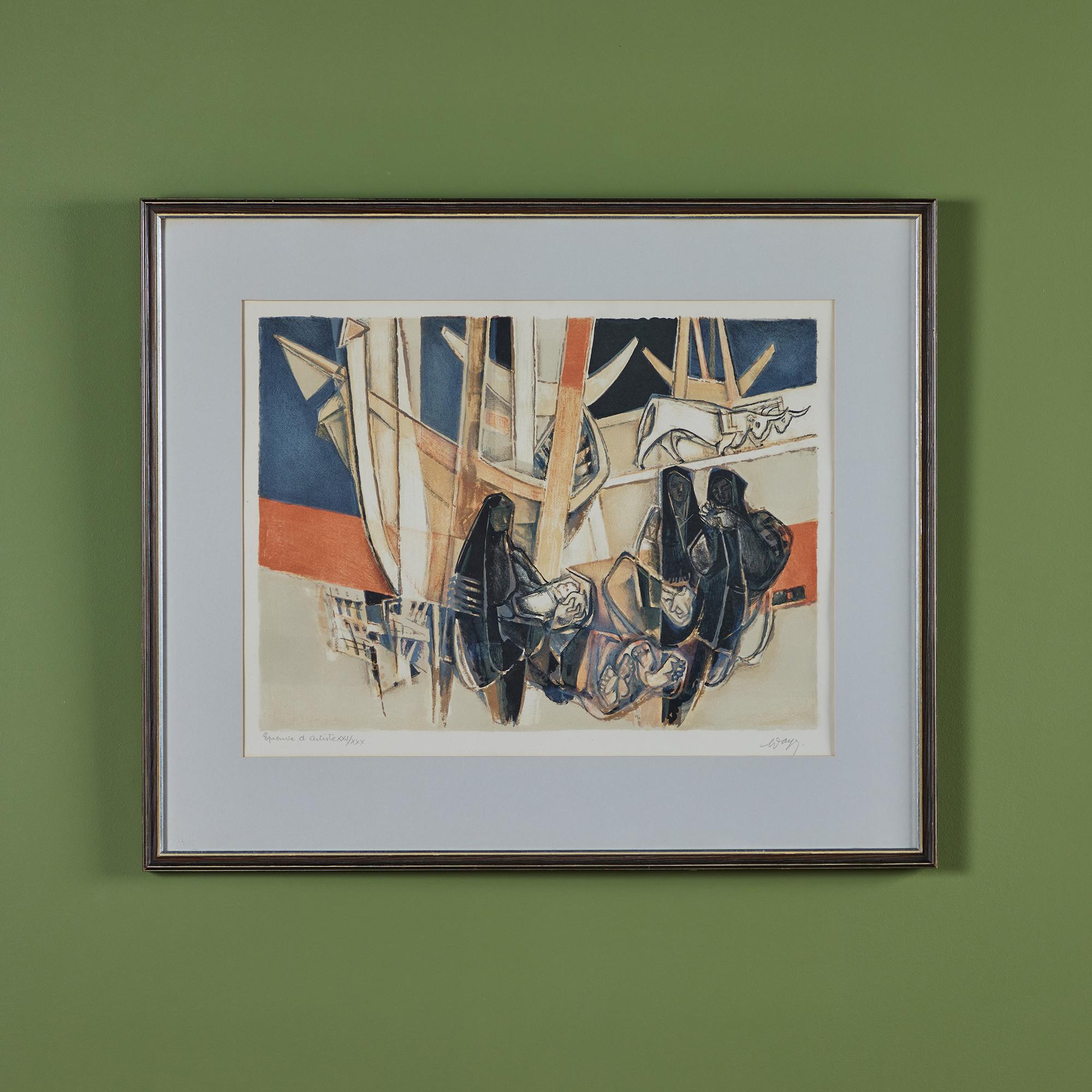 Framed cubist style lithograph by French artist Georges Dayez - 