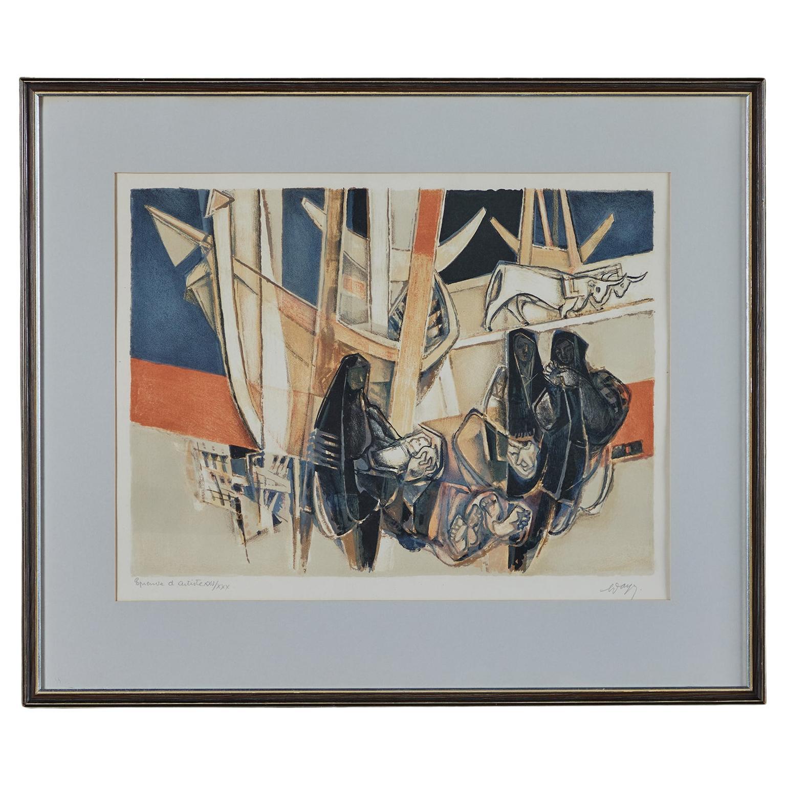 Lithographie encadrée « Femmes Devant un Barque » de Georges Dayez