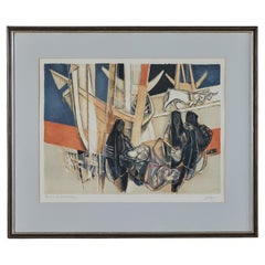 Lithographie encadrée « Femmes Devant un Barque » de Georges Dayez