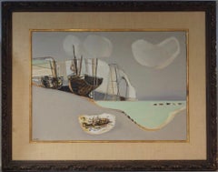 GEORGES DAYEZ Etretat (Sailboats Along the French Coast) Cubist 1956 oil canvas