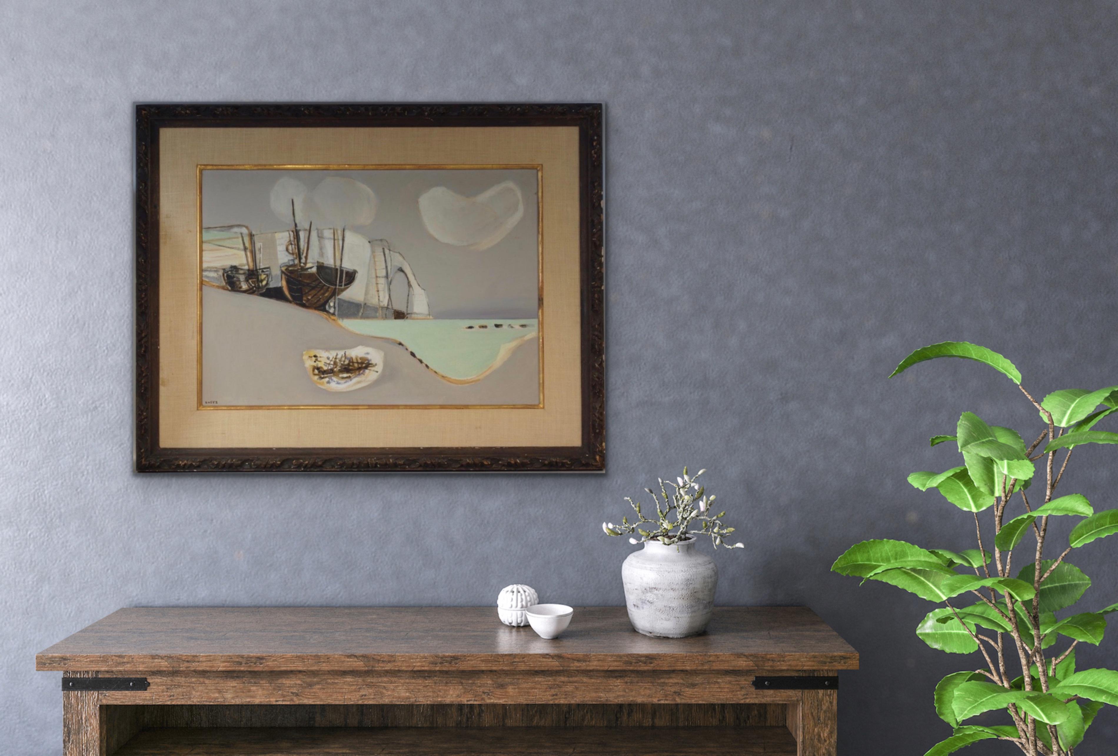 Etretat (Sailboats Along the Coast) Cubiste - Gris Landscape Painting par Georges Dayez