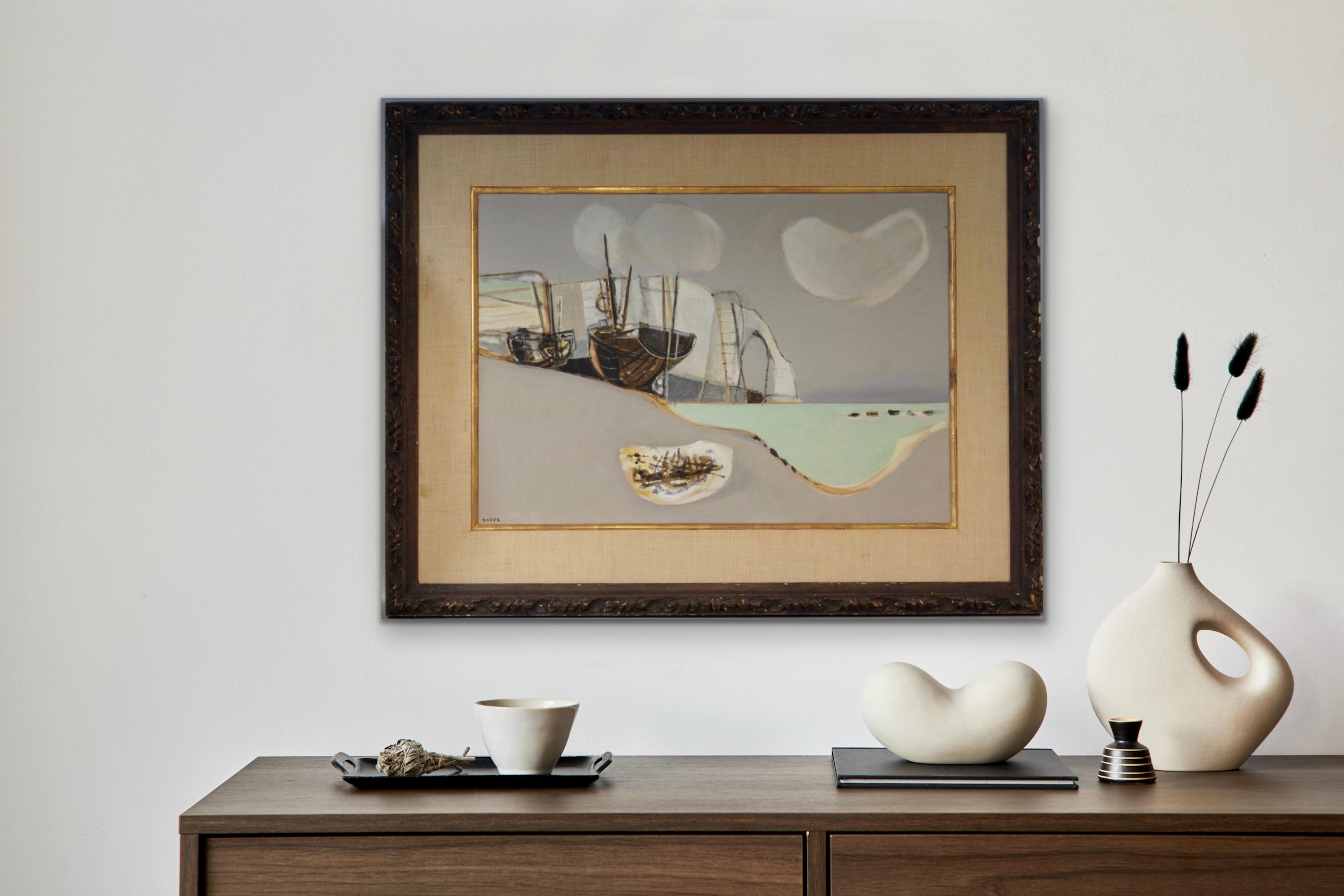 Etretat (Sailboats Along the Coast) Cubist - Gray Landscape Painting by Georges Dayez