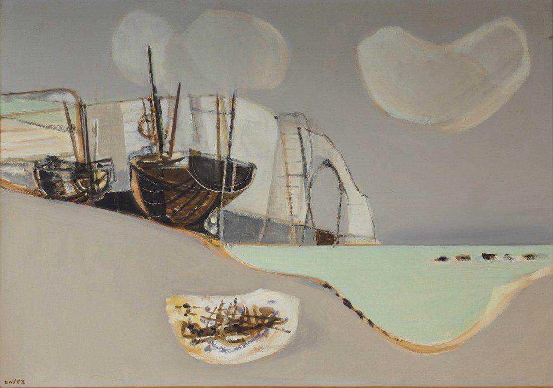 GEORGES DAYEZ Etretat (Sailboats Along the French Coast) Huile cubiste de 1956 en vente 1