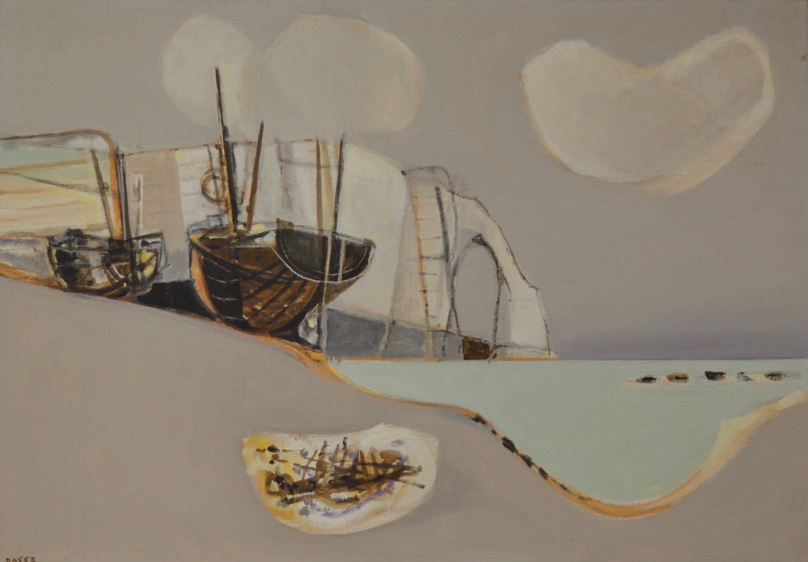 Landscape Painting Georges Dayez - Etretat (Sailboats Along the Coast) Cubiste