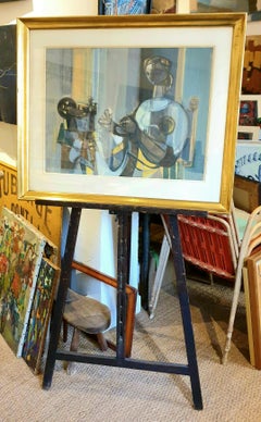 Mid-Century French Modernist Cubist-inspired Oil on Paper, Jacqueline La Fileuse