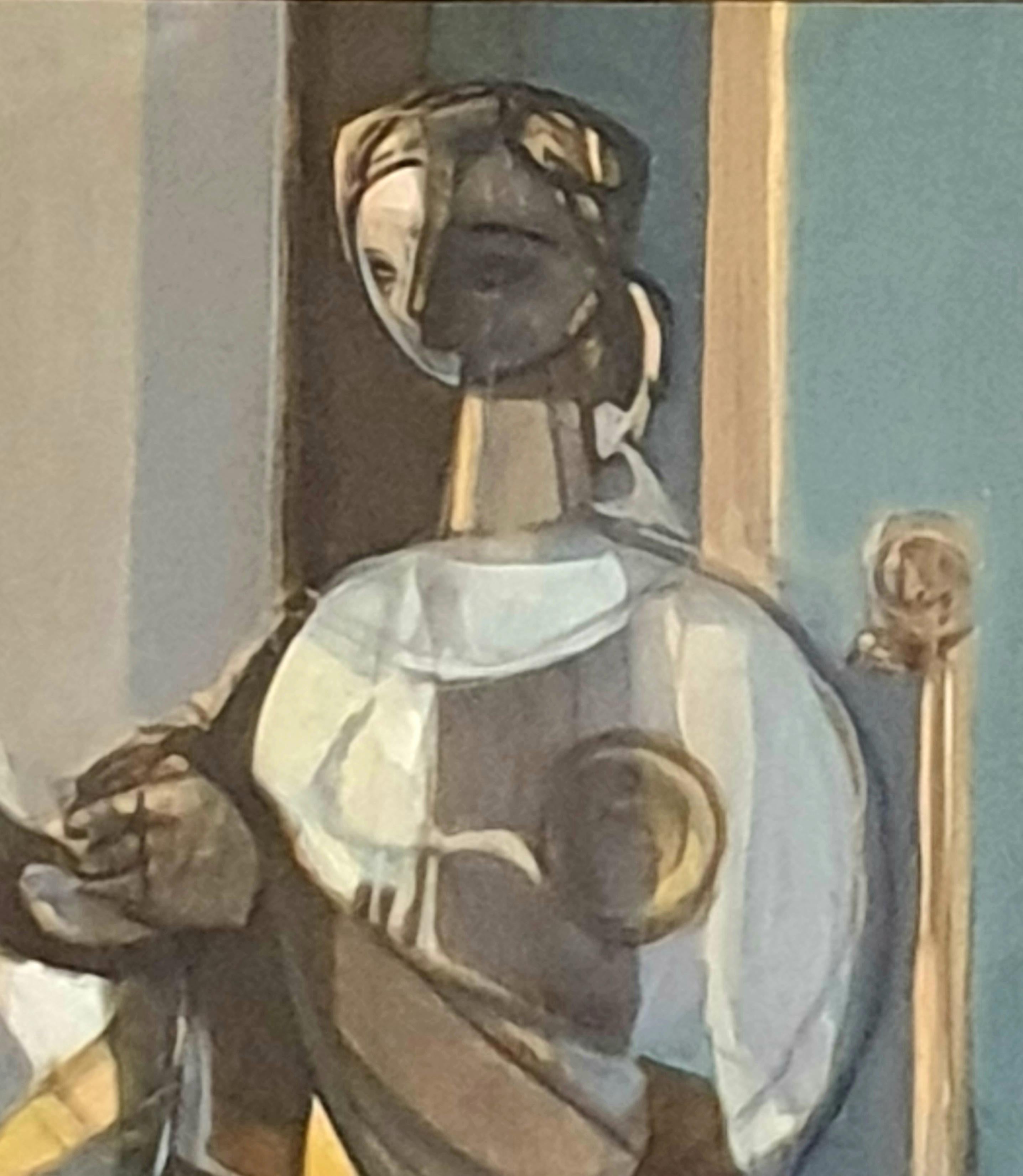 Mid-Century Modernist, cubist-inspired oil on paper of a woman sewing 'La Fileuse' by Important and influential French artist Georges Dayez. The painting is signed and dated bottom right  and signed and titled to the reverse and presented in a fine