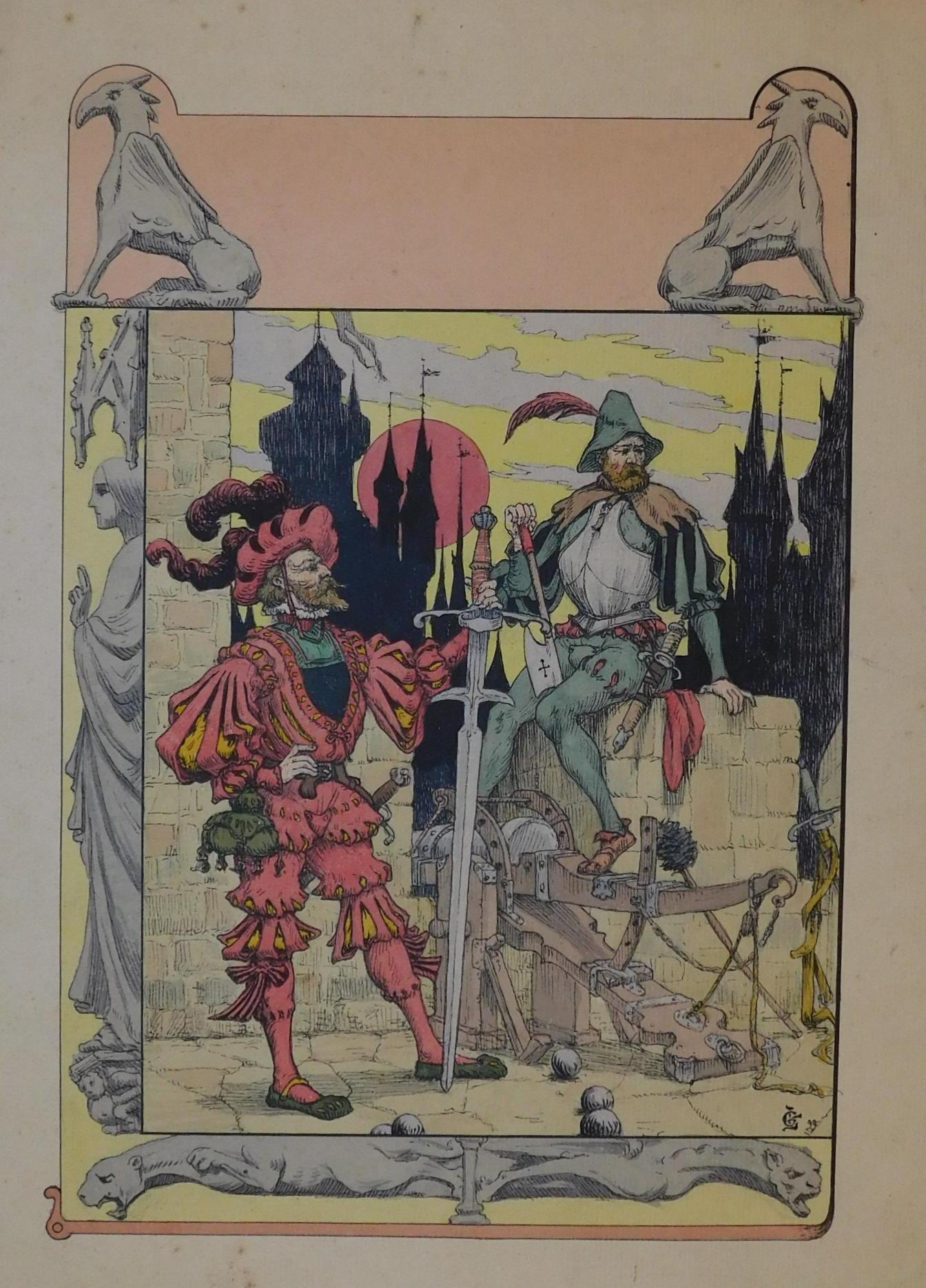 Georges De Feure (French 1868-1943) also Georges Joseph van Sluijters 
Original pen & ink with watercolor - The Swordsman and the Cannoneer
Initialed by the artist lower right “G.F.” and dated ‘99. Also signed and dated on the verso “Geo. De Feure