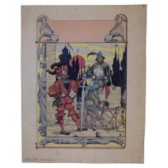 Antique Georges De Feure French Painter and Illustrator Watercolor, 1899 The Swordsman 
