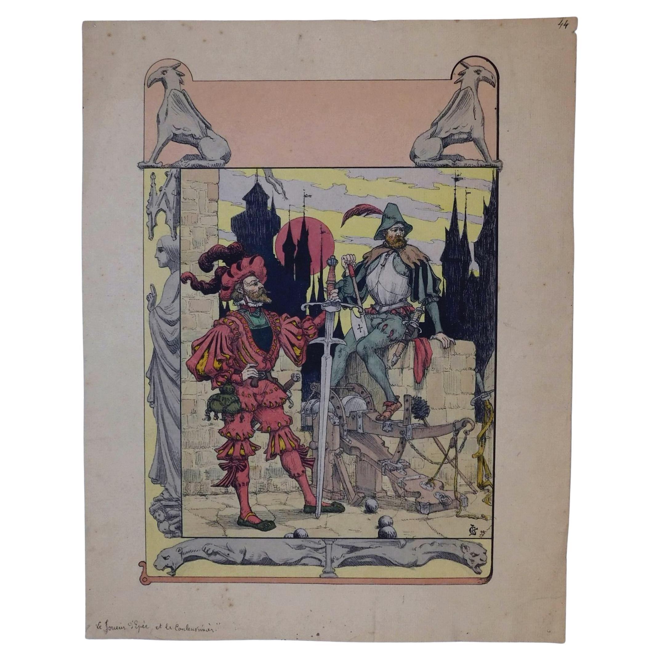 Georges De Feure (francese 1868-1943) anche Georges Joseph van Sluijters 
Originale a penna e inchiostro con acquerello - Lo spadaccino e il cannoniere
Siglato dall'artista in basso a destra "G.F." e datato '99. Firmato e datato anche sul verso