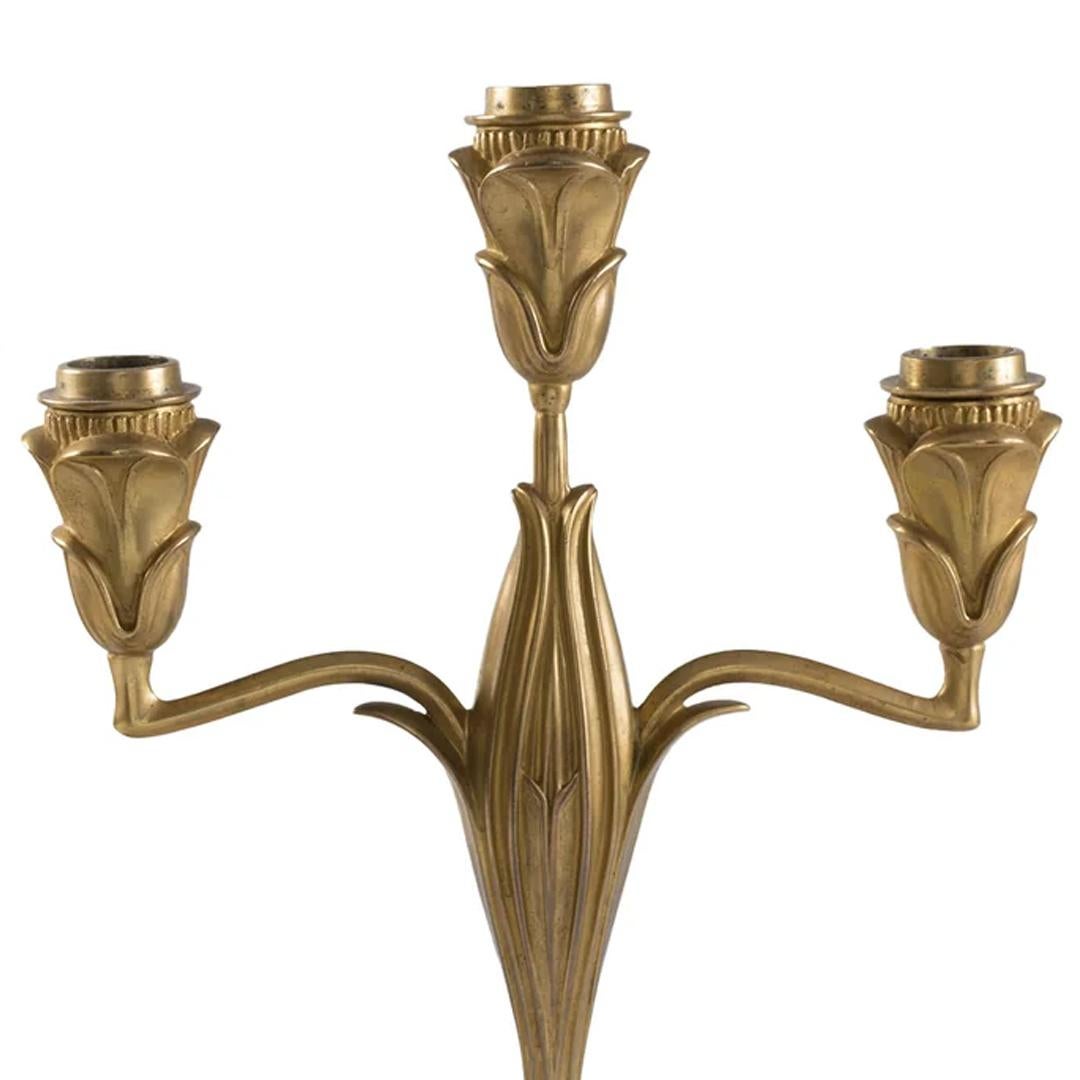 Cette paire de chandeliers Art Nouveau en bronze doré à trois lumières, par Georges de Feure, avec trois bras de chaque candélabre se développant à partir d'un bourgeon de fleur sur une vigne verticale. Travaillant le bronze, de Feure a formé des