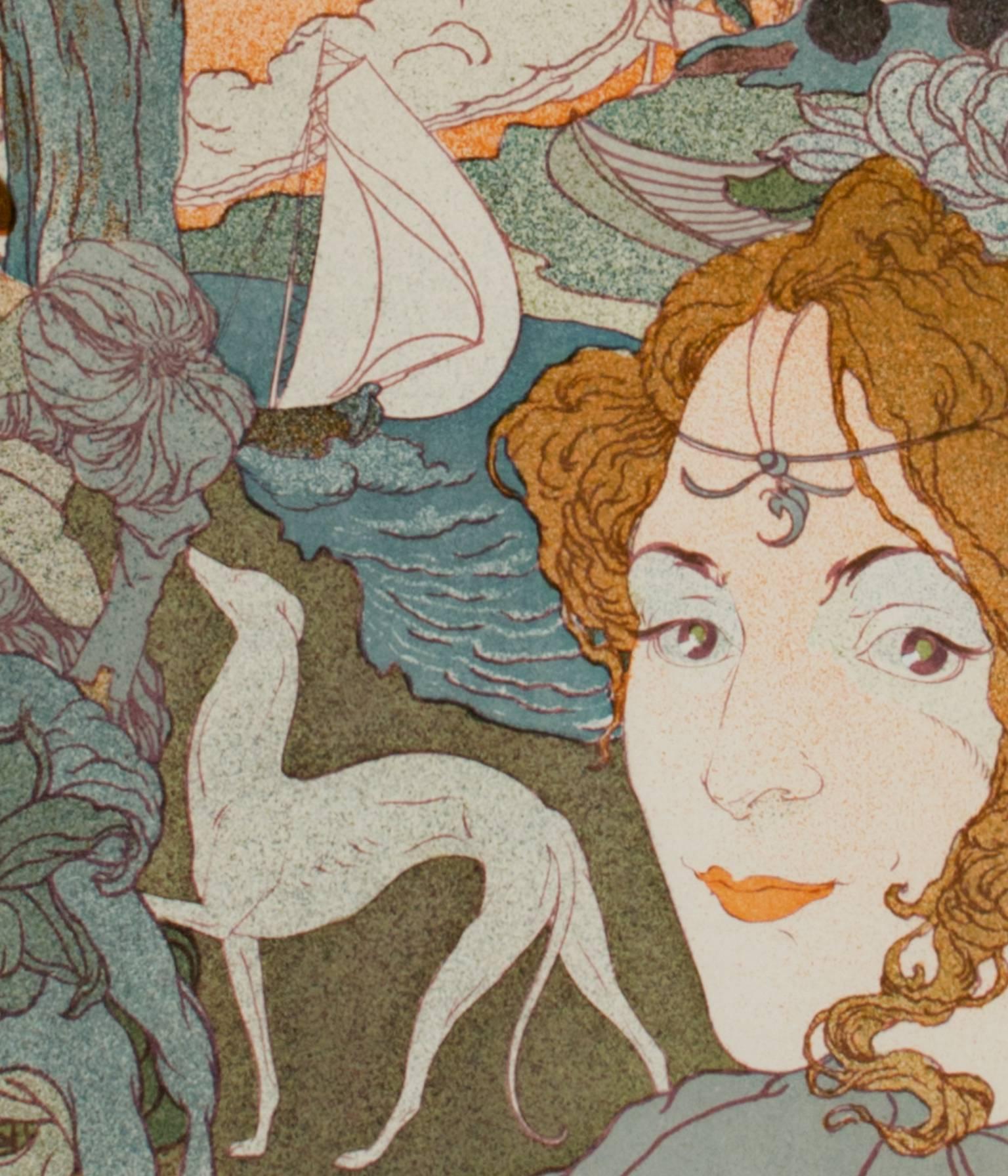 Lithographie originale signée Art Nouveau des années 1800 Figure romantique et florale - Print de Georges De Feure