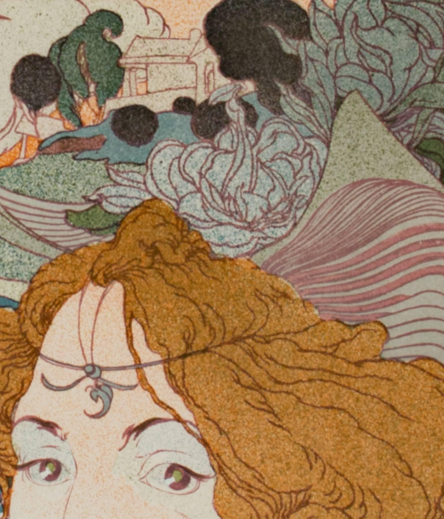 Art Nouveau Litografía 1800s Paisaje Romántico Figura Floral - Landscape Print Beige de Georges De Feure
