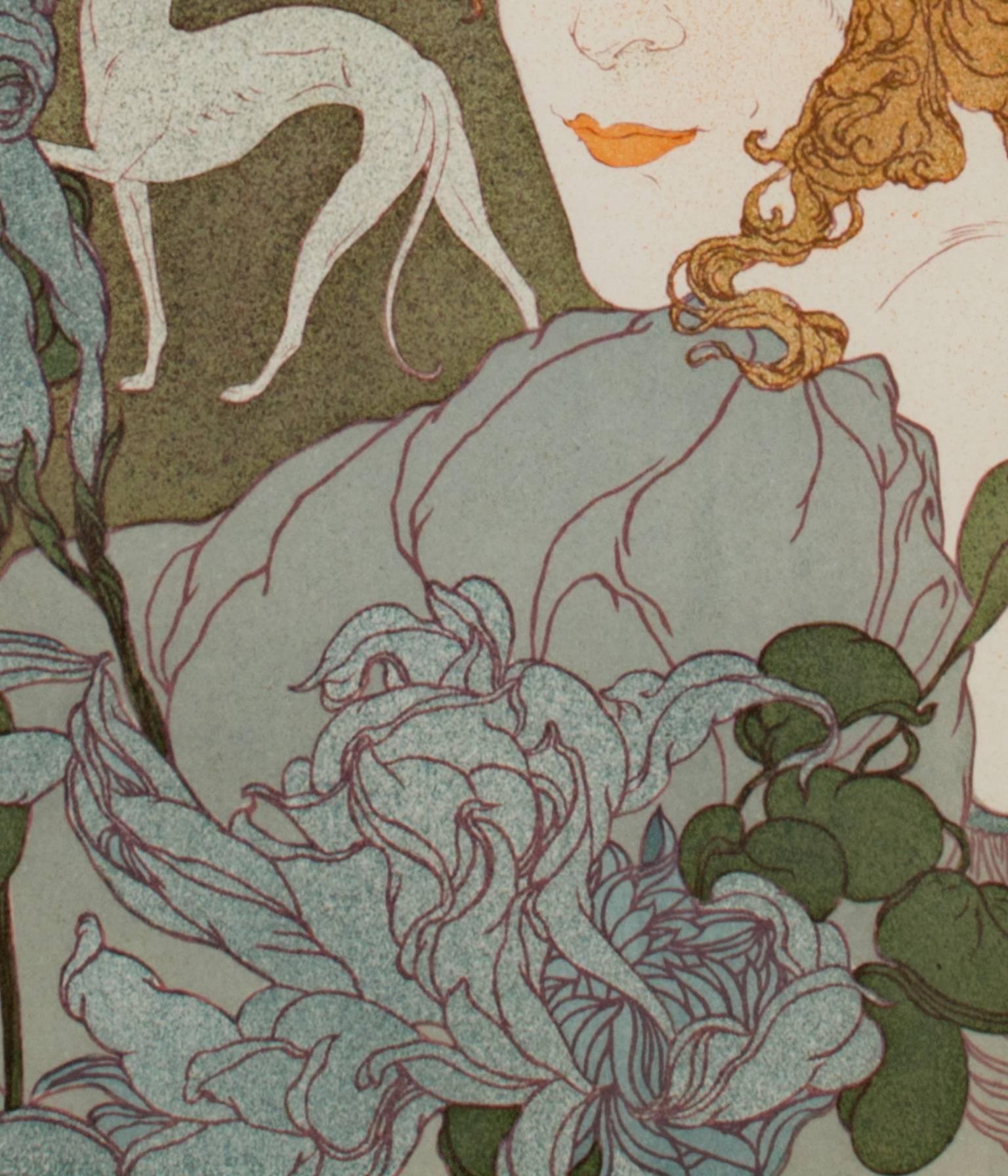Original Lithograph Signed Art Nouveau 1800s Landscape Romantic Figure Floral For Sale 1