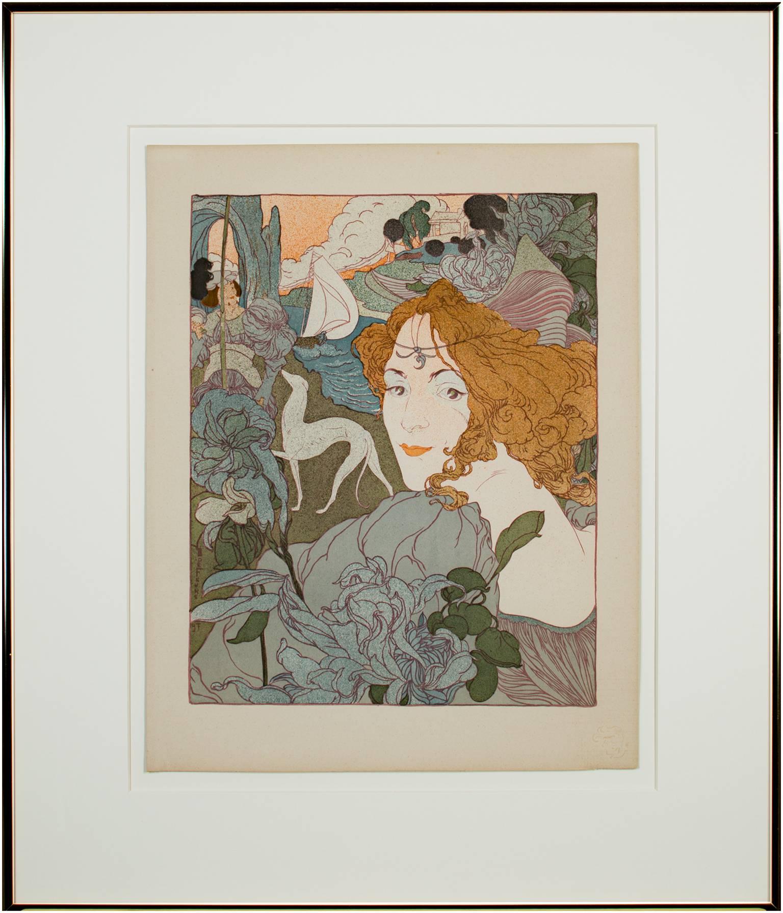 Original Lithograph Signed Art Nouveau 1800s Landscape Romantic Figure Floral For Sale 2