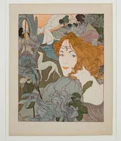 Original Lithograph Signed Art Nouveau 1800s Landscape Romantic Figure Floral