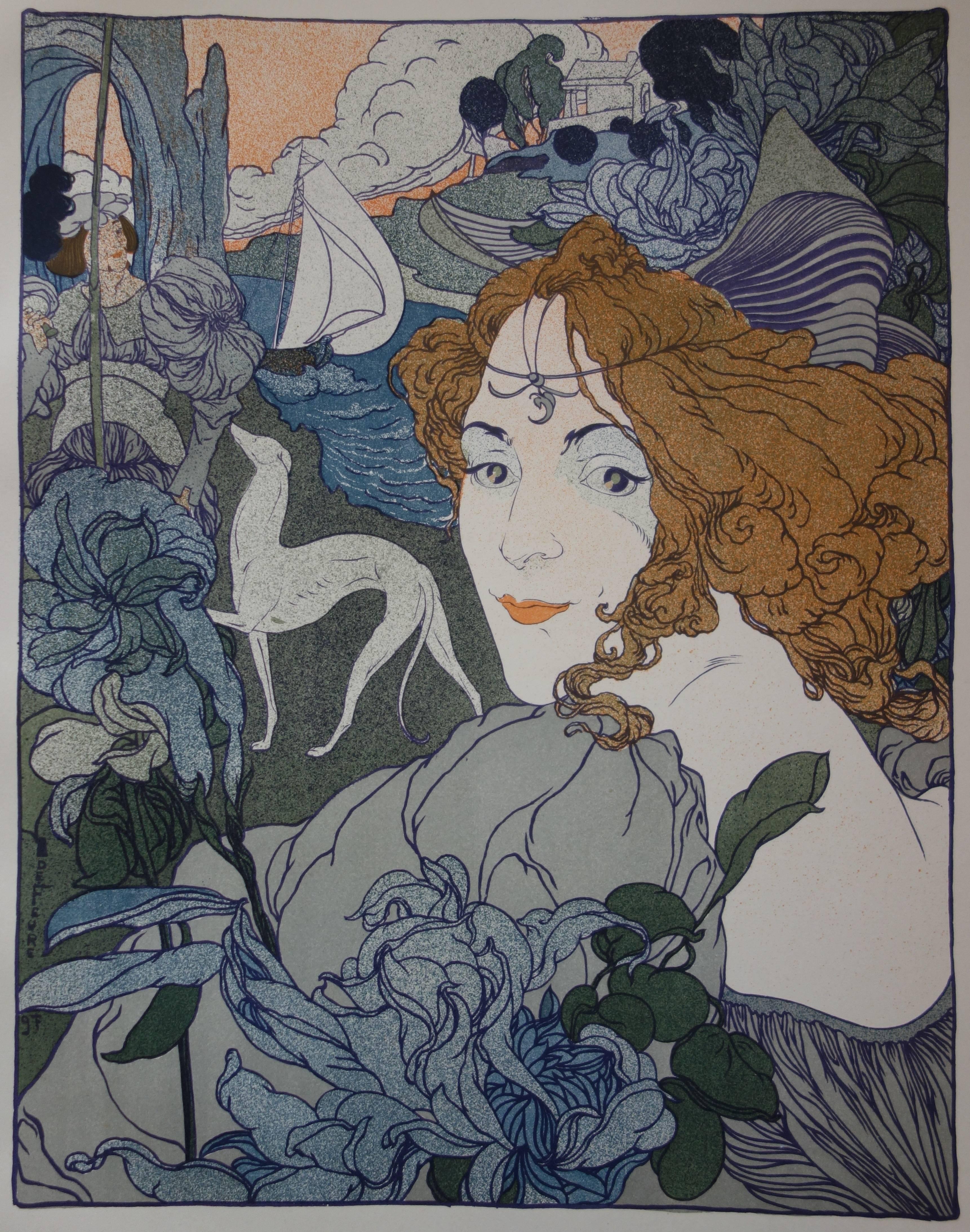 Retorno (Art Nouveau - Mujer, galgo y barco) - Litografía original, 1897 - Figurative Print Gris de Georges De Feure