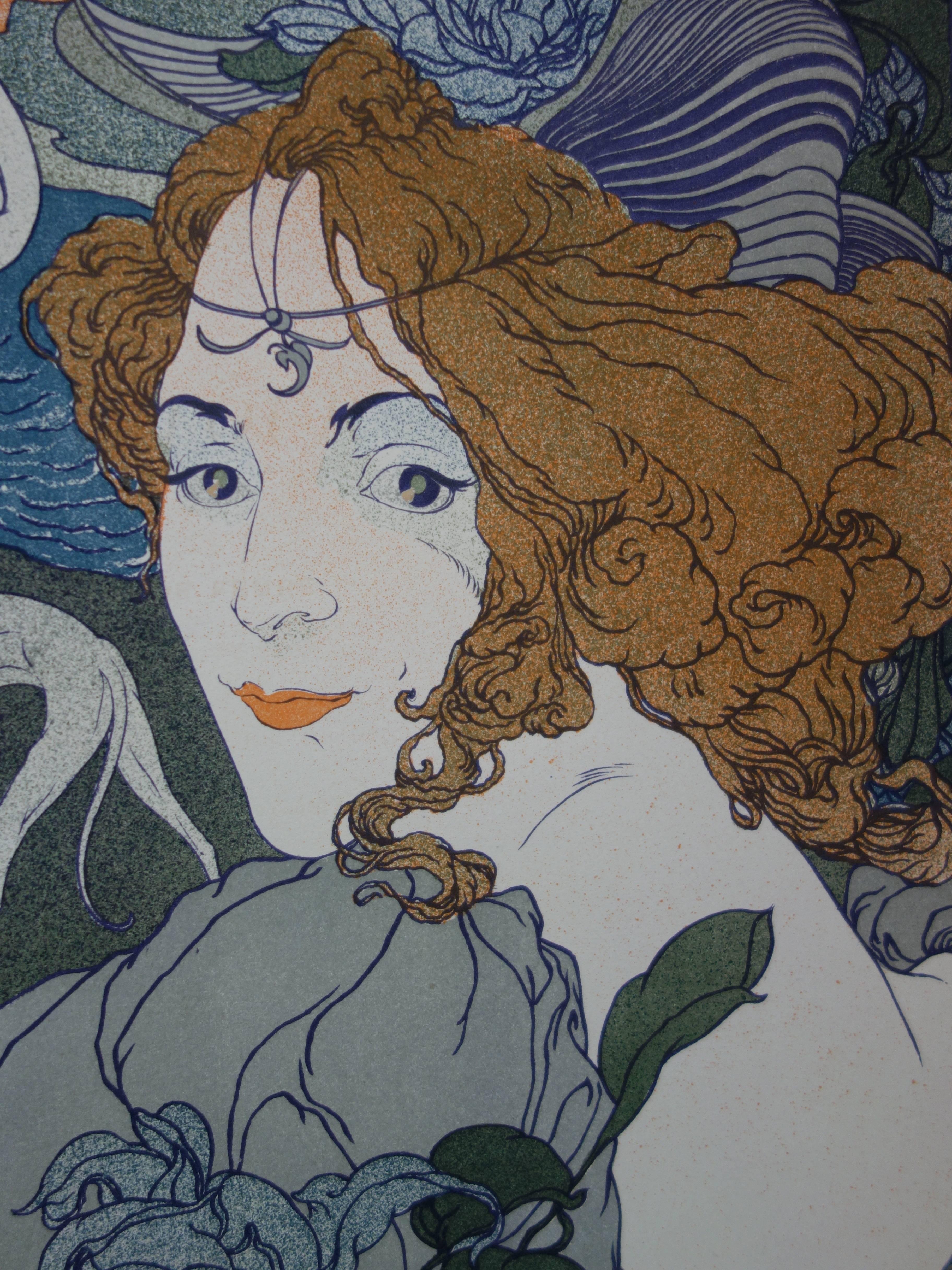 Retorno (Art Nouveau - Mujer, galgo y barco) - Litografía original, 1897 en venta 1