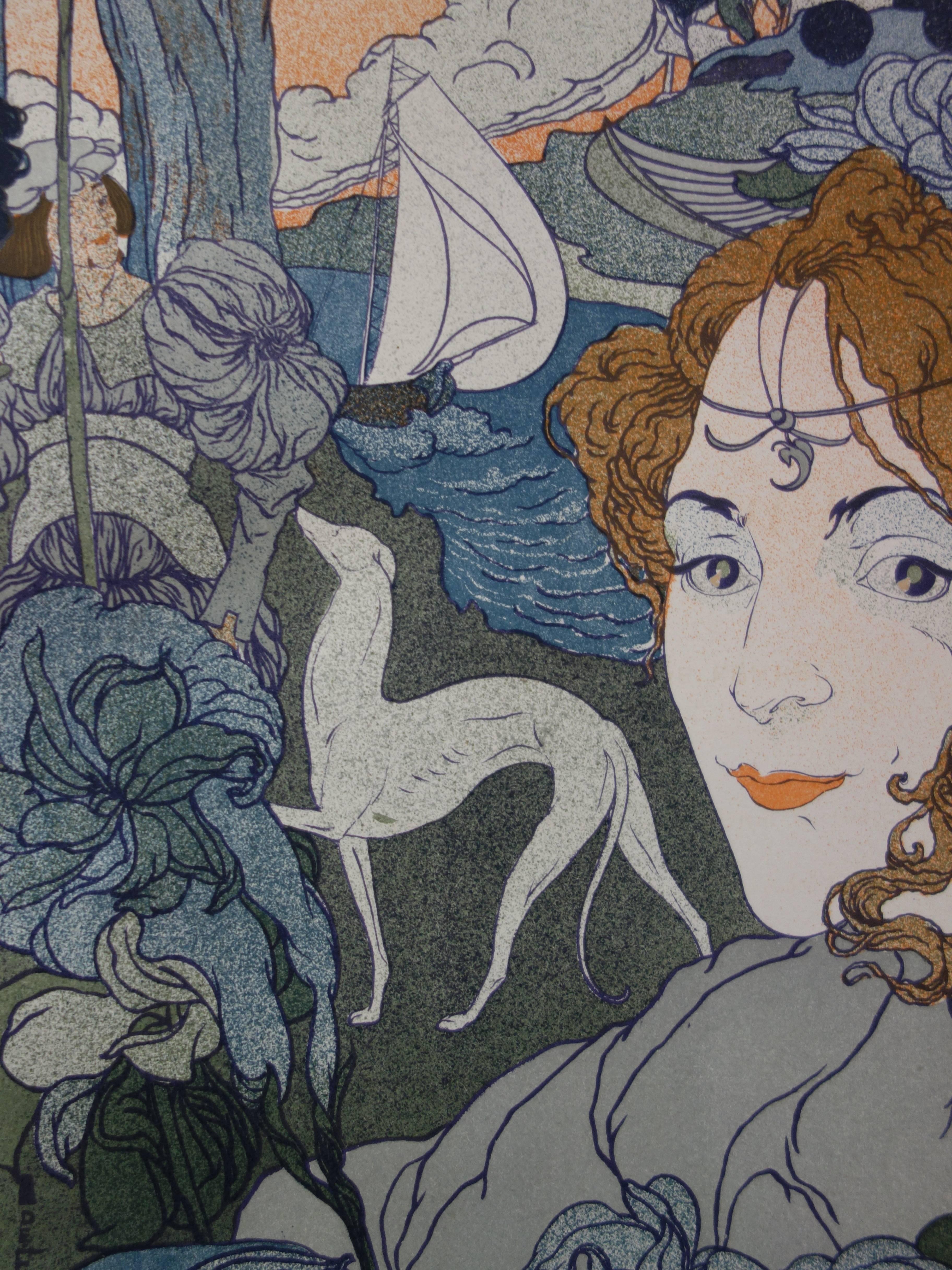 Retorno (Art Nouveau - Mujer, galgo y barco) - Litografía original, 1897 en venta 2