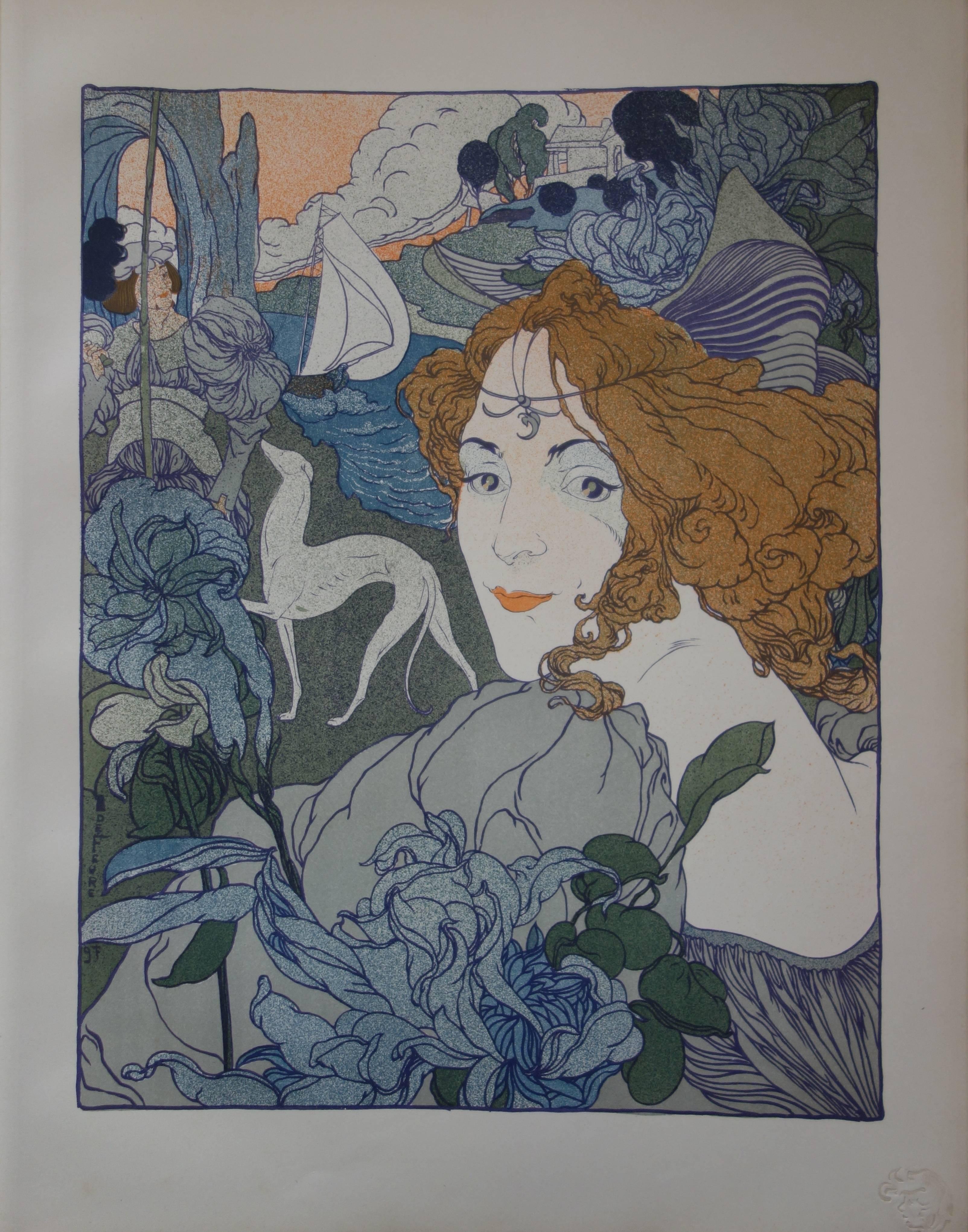 Figurative Print de Georges De Feure - Retorno (Art Nouveau - Mujer, galgo y barco) - Litografía original, 1897