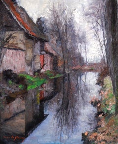 Reflections in the Stream, Belgian Neo-Impressionist Oil Painting on Canvas