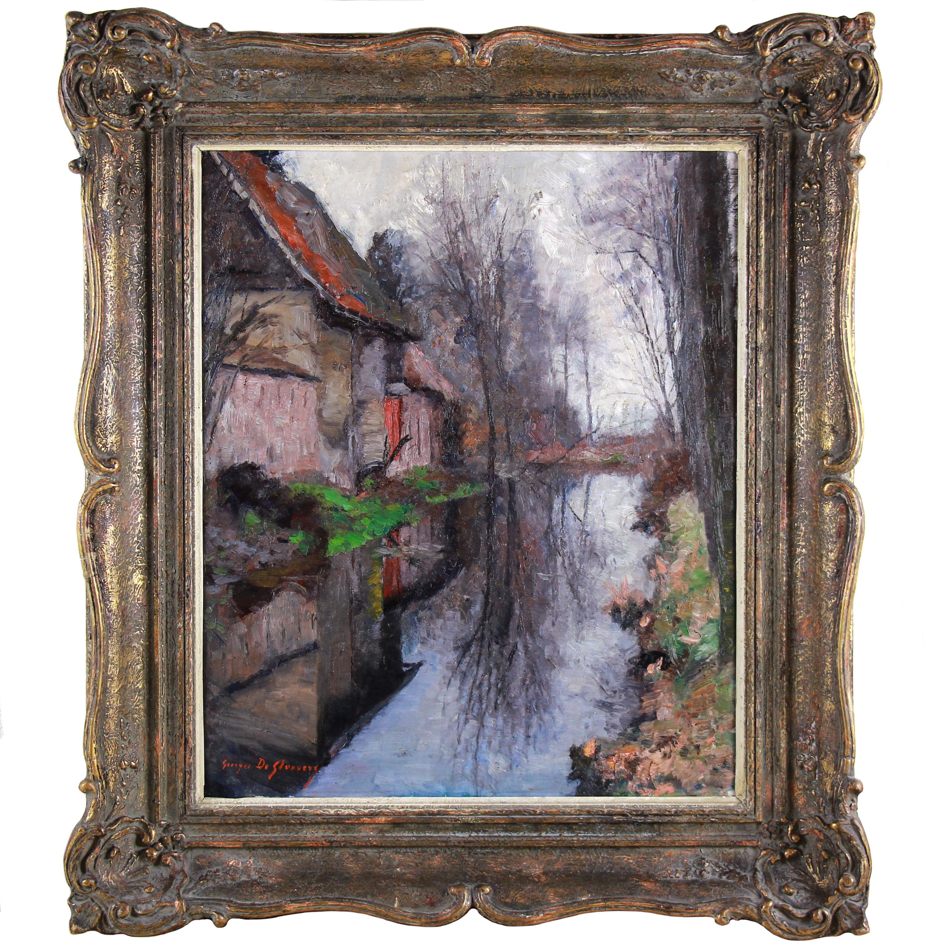 Riflessi nel ruscello, dipinto a olio su tela di un neoimpressionista belga