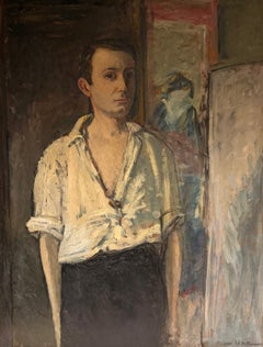 Large 1930's Self Portrait of The Artist Young Man in his Room Signed Oil