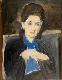 Magnífico retrato francés de mediados del siglo XX de mujer con camisa azul, firmado y enmarcado