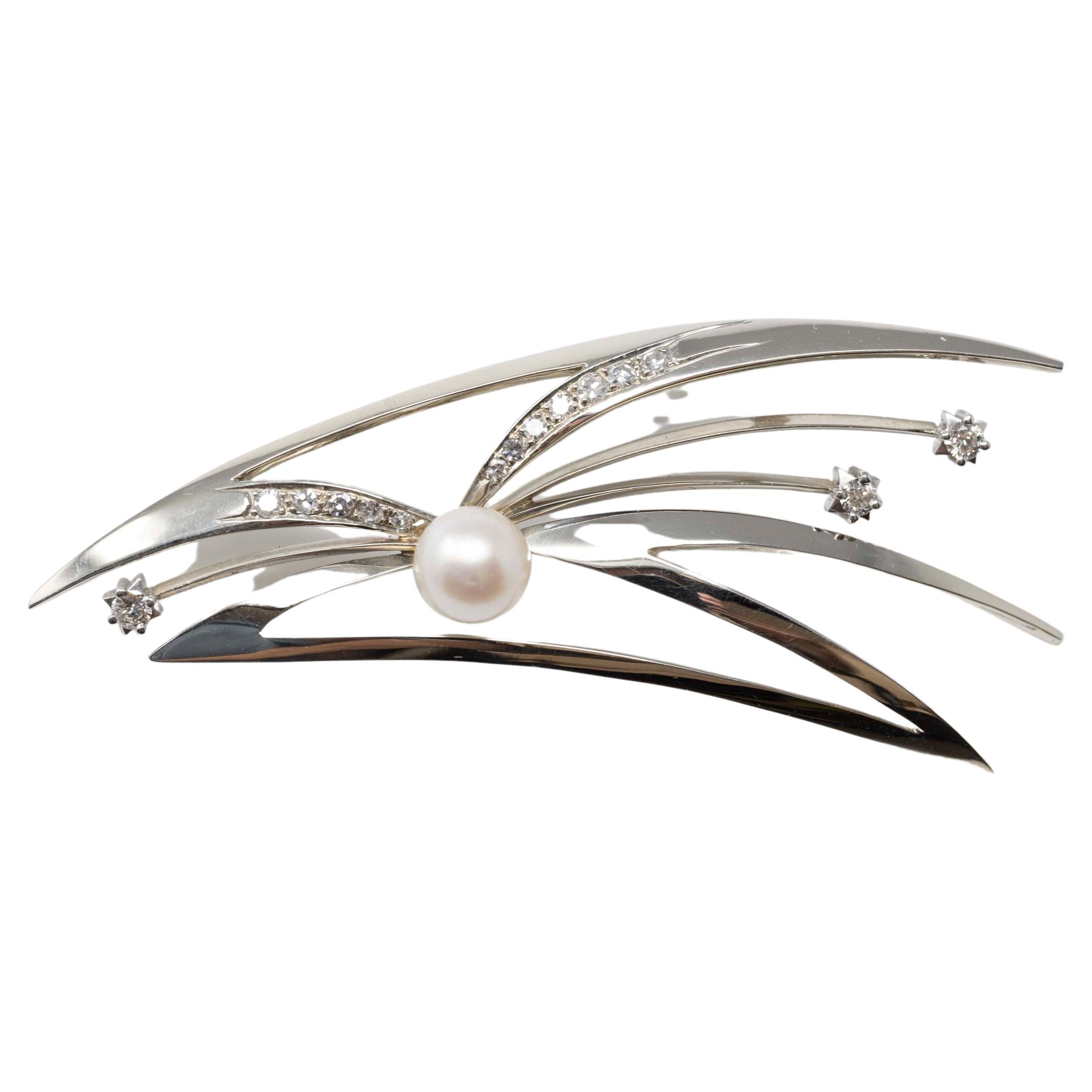 Georges Delrue 18k White Gold Brooch with Pearl and Diamonds