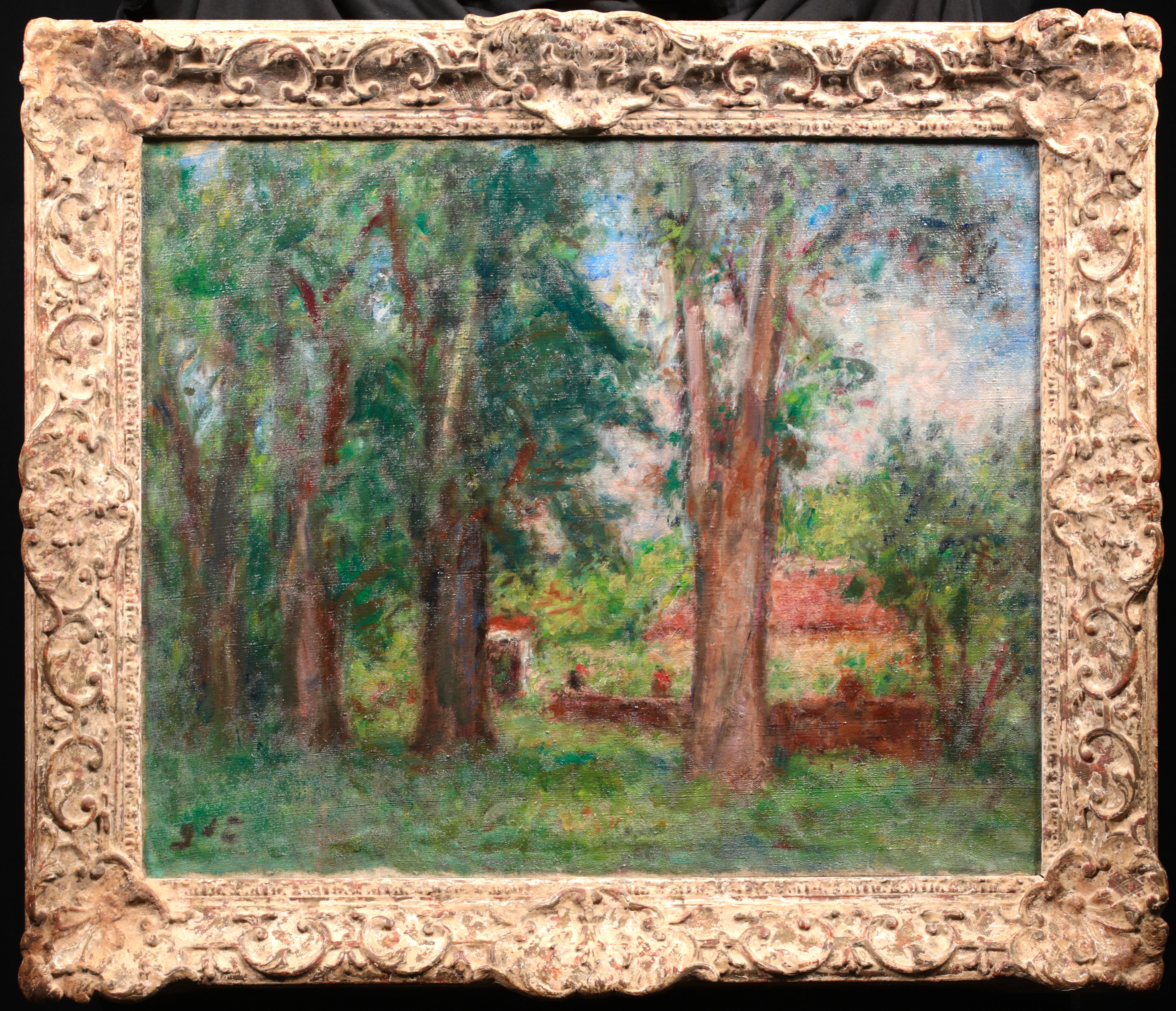 Signed post impressionist oil circa 1930 by popular French painter Georges D'Espagnat. The piece depicts tall trees, with a low brick wall leading to a garden beyond. There are figures standing at the wall. The trees branches are bustling with green