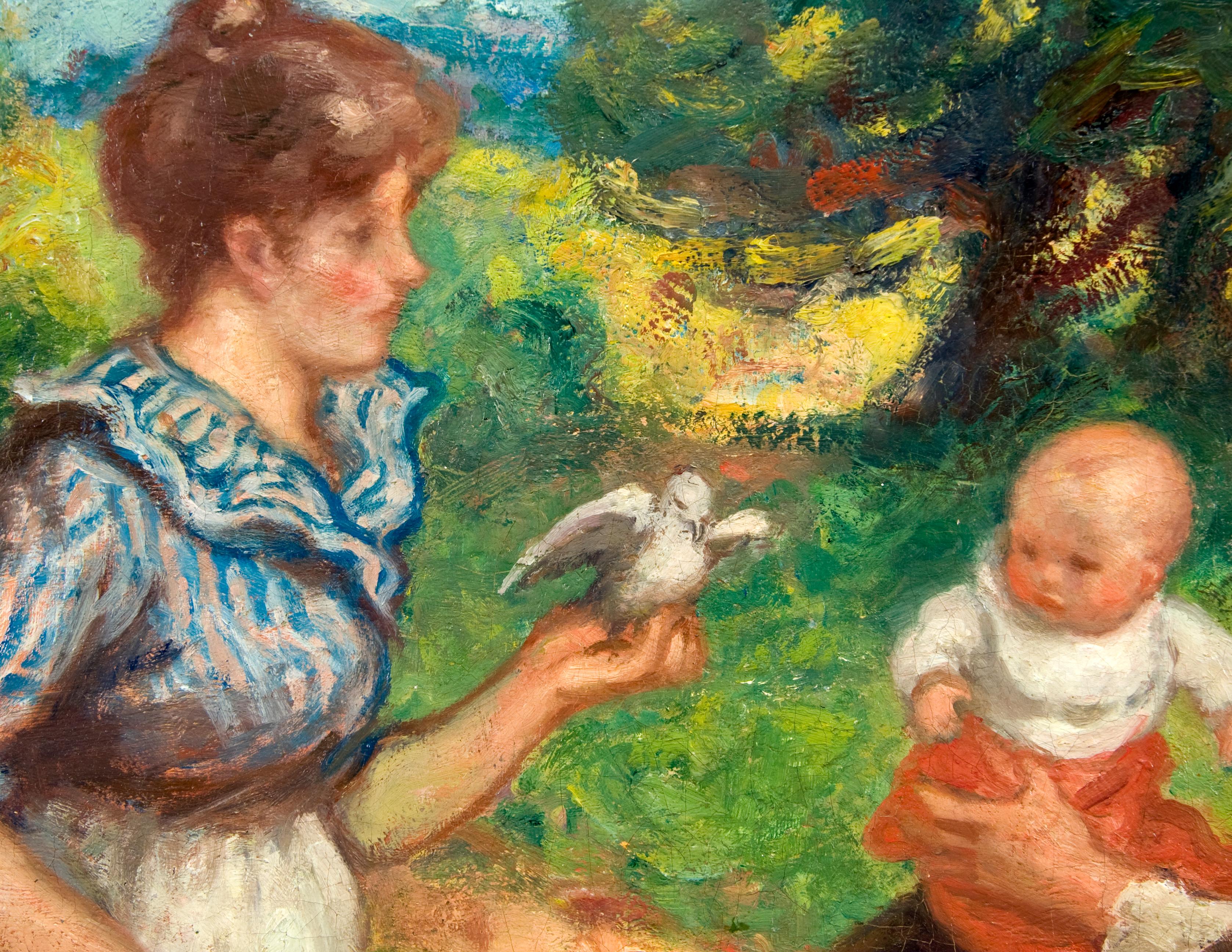 Figure eleganti in un giardino primaverile con madre e figlio.  I colori sono puri e freschi.  Ha tutto quello che si può desiderare in una D'espagnat.  Un'opera al top del 2% di questo artista.  Firmato in basso a destra con le iniziali. Olio su