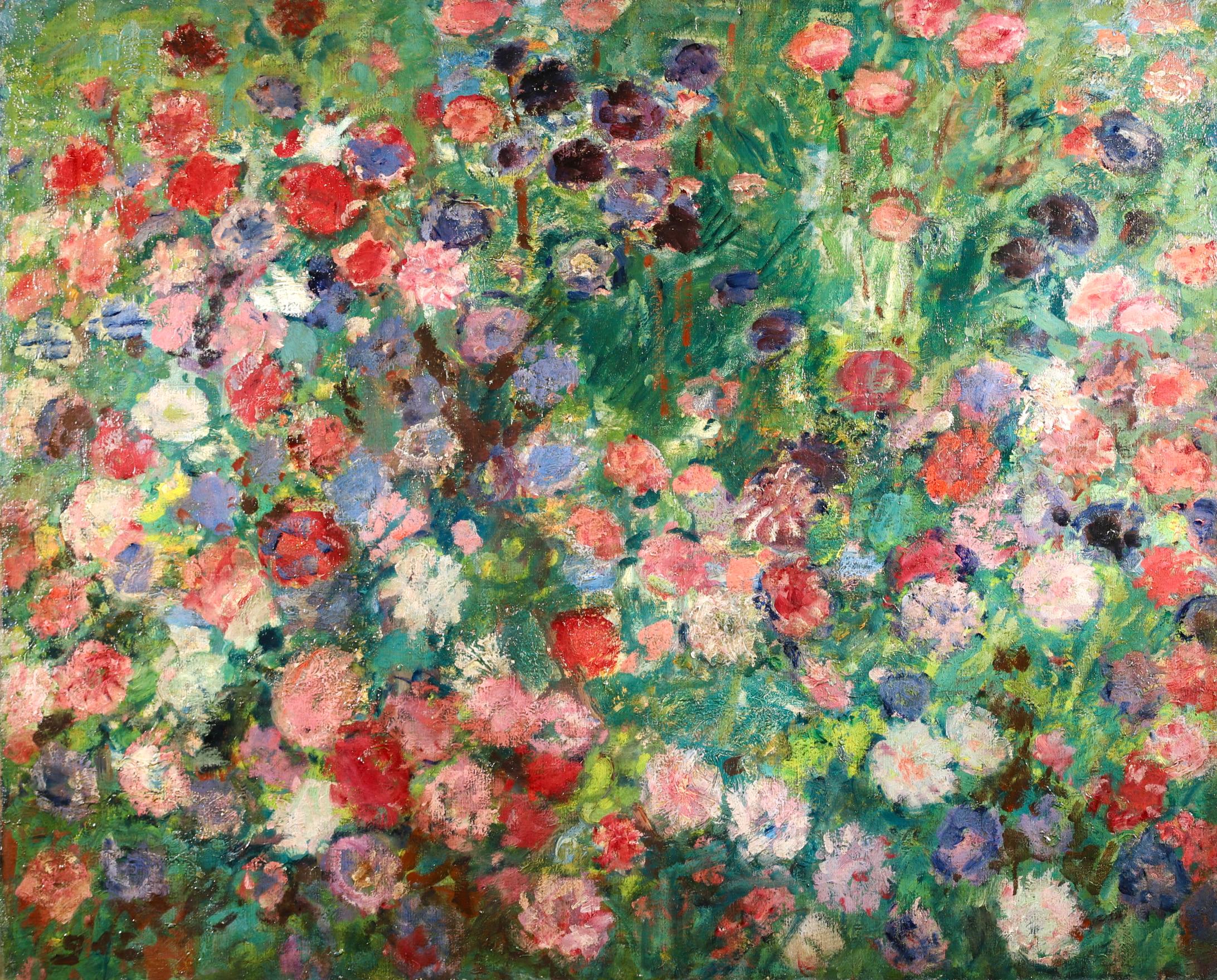 Stunning signed landscape oil on canvas circa 1920 by French post impressionist painter Georges D'Espagnat. This good-sized piece depicts garden filled with blue, red, pink and purple flowers. 

Signature:
Signed lower left

Dimensions:
Framed: