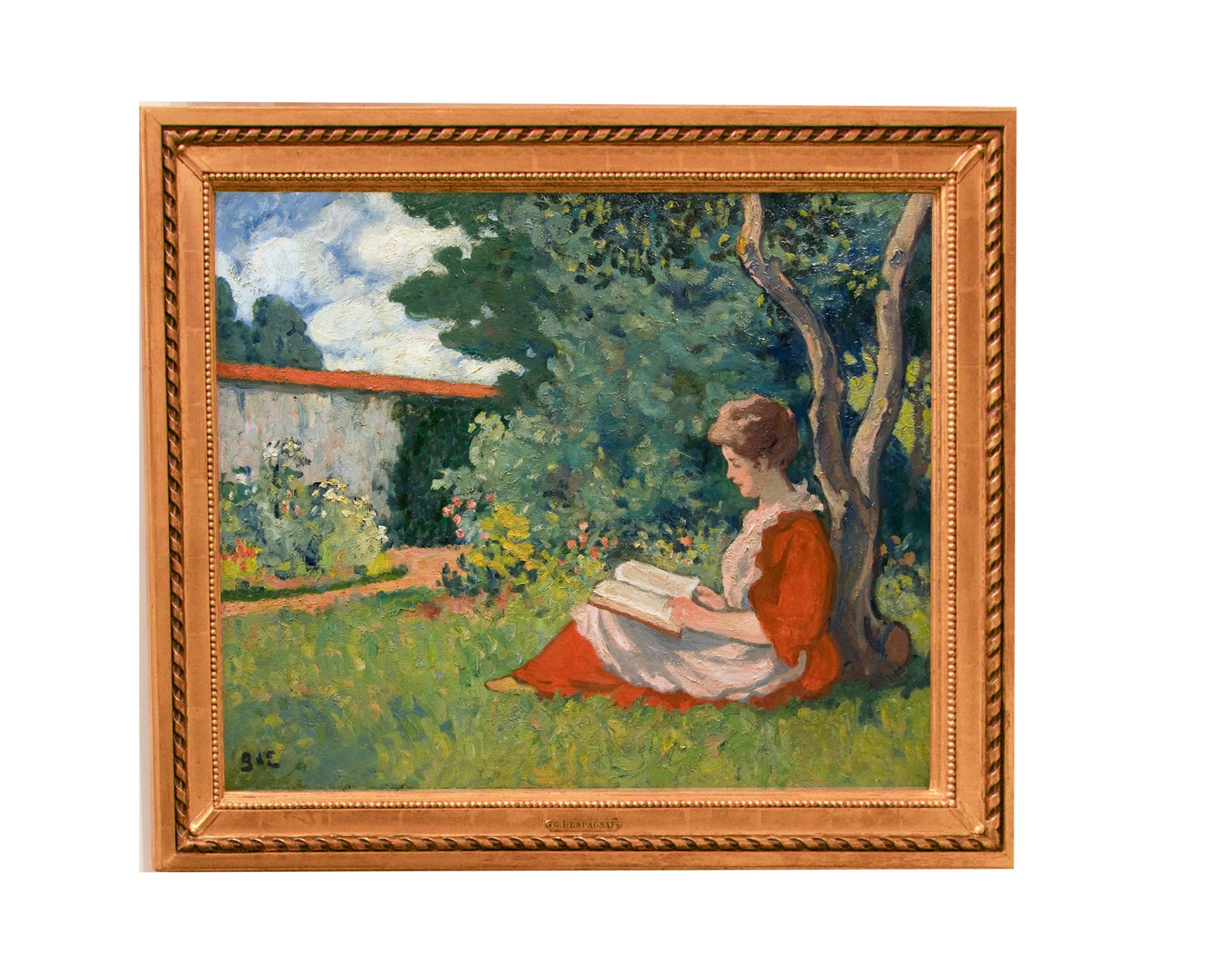 Femme lisant dans un jardin For Sale 1