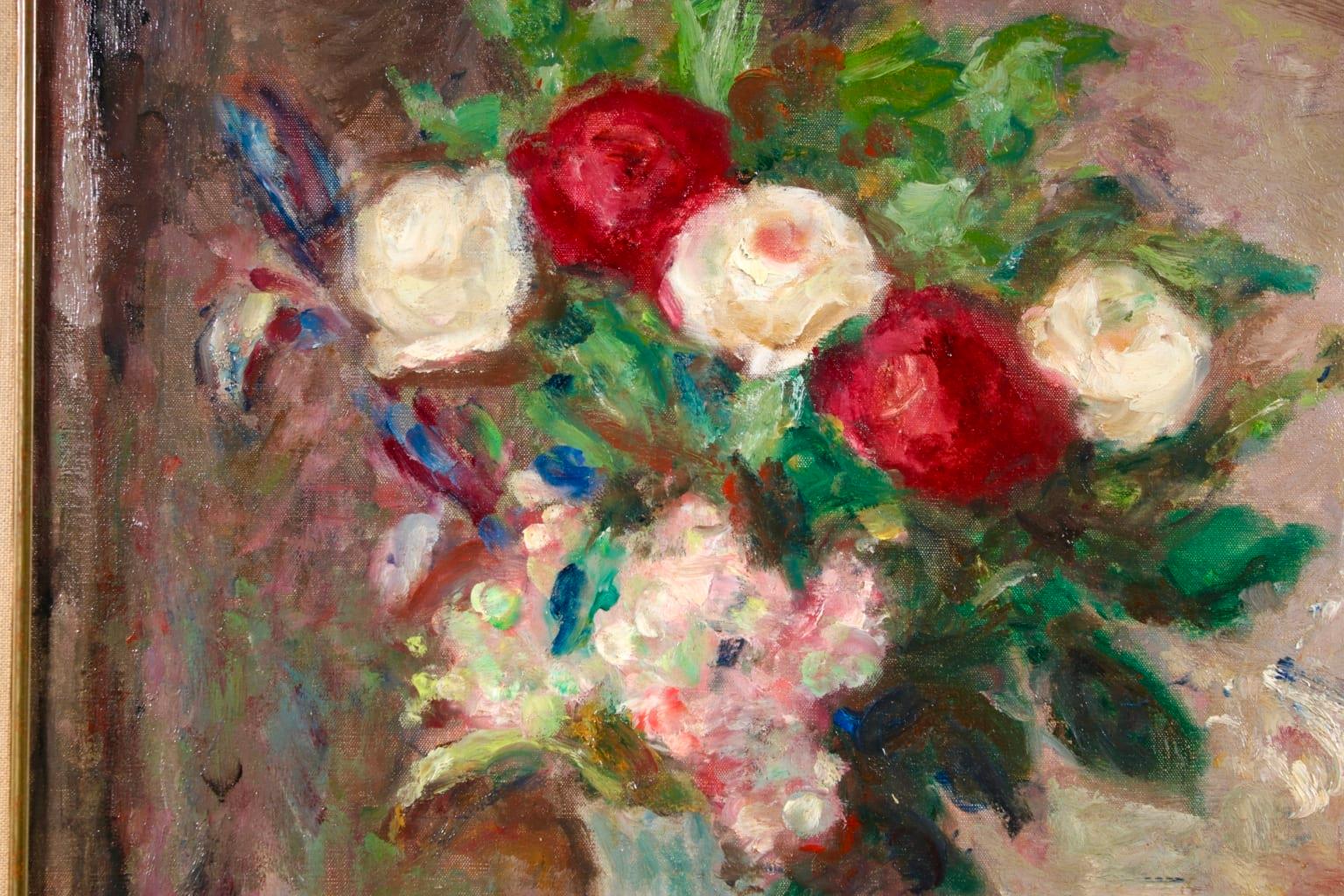 A wonderful still life oil on original canvas by French post impressionist painter Georges D'Espagnat depicting red and white roses in a jug vase placed on a blue tablecloth and with books beside it. 

Signature:
Signed upper
