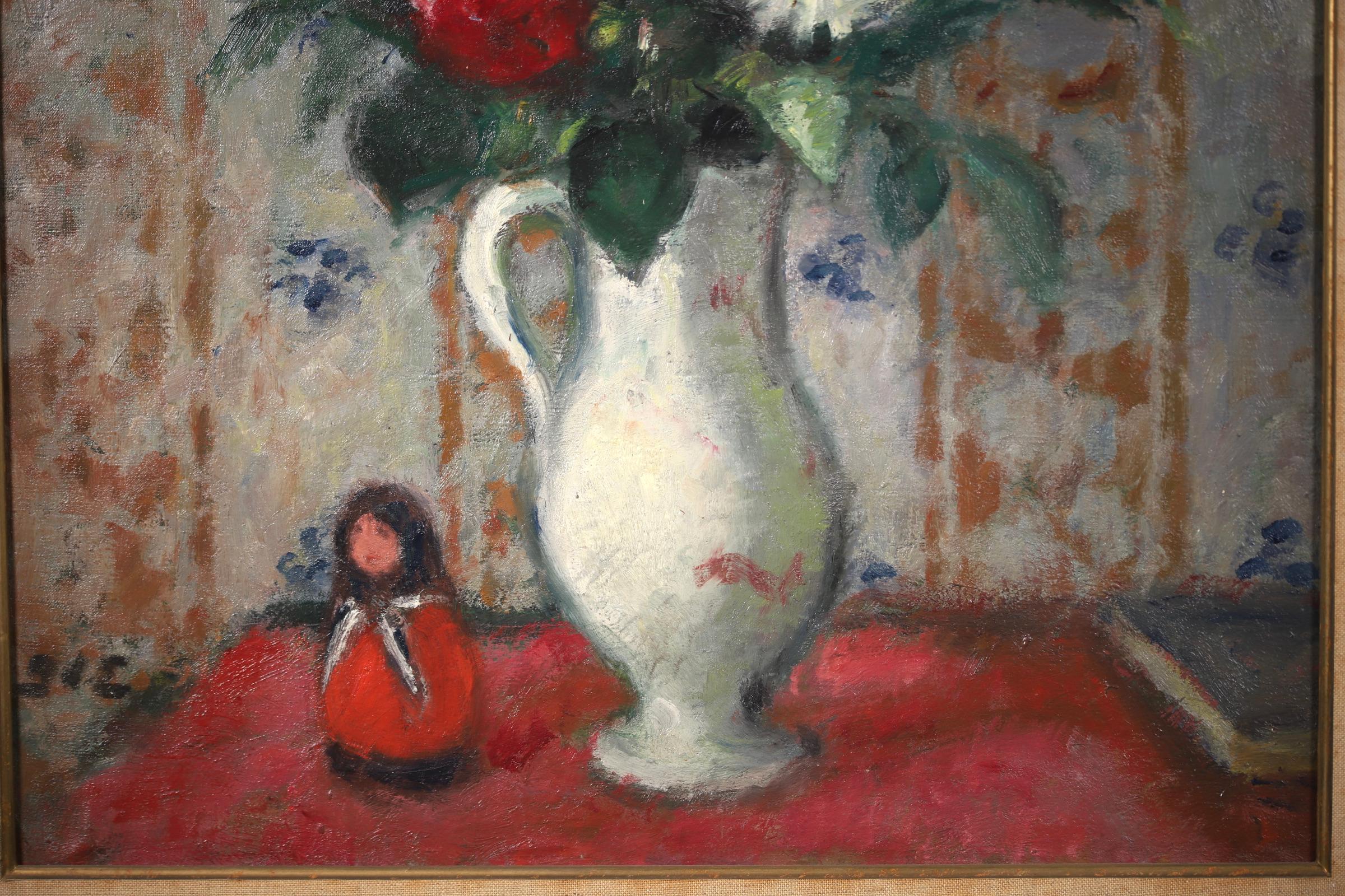 A wonderful still life oil on canvas circa 1925 by French post impressionist painter Georges D'Espagnat. The work depicts a white jug filled with white and red blooms, placed on a red tablecloth. Beside it is a Matroyshka - also known as a Russian