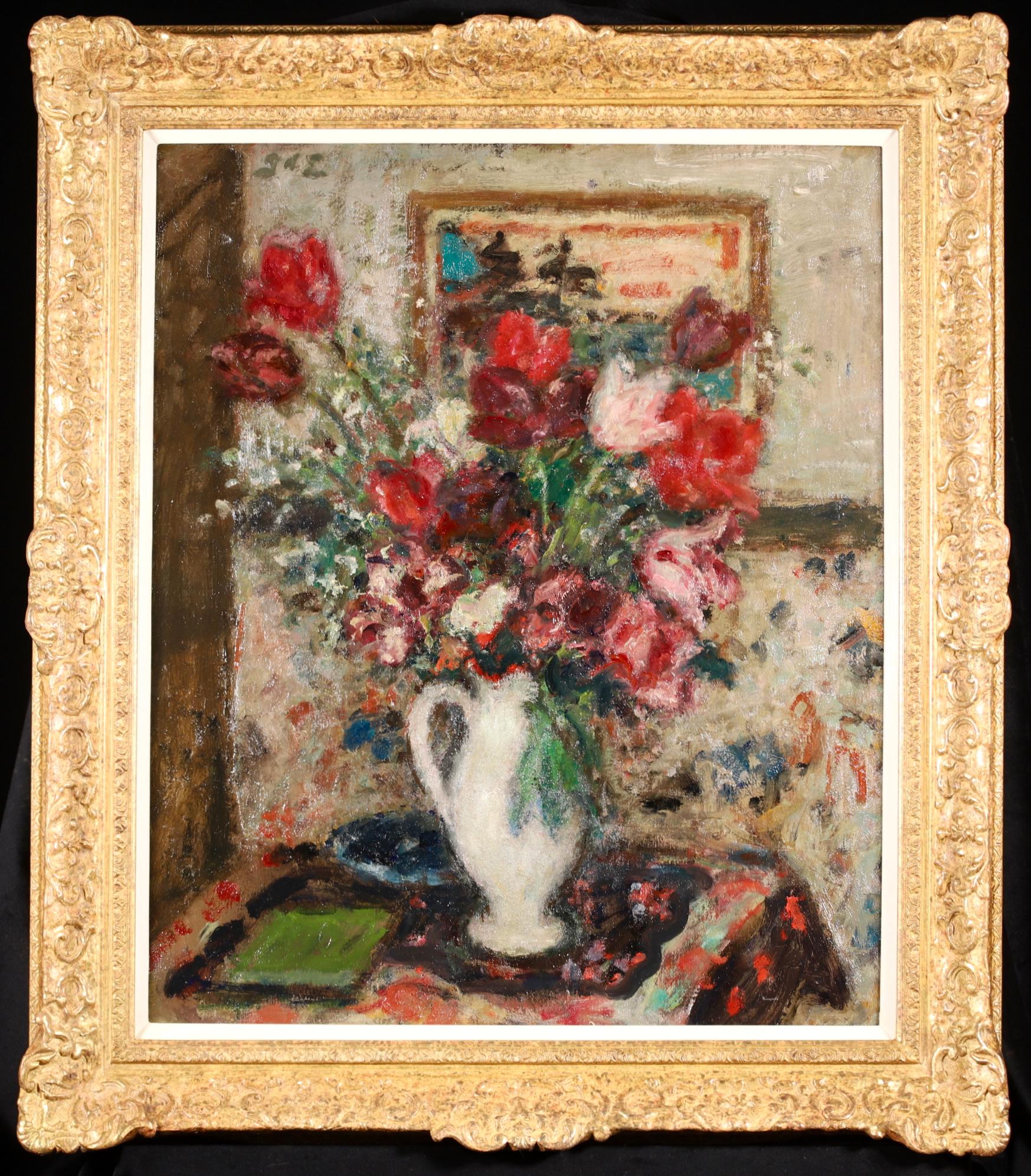 Signiertes Stillleben in Öl auf Leinwand um 1920 von dem französischen postimpressionistischen Maler Georges D'Espagnat. Das Werk zeigt eine weiße Vase, die mit roten und weißen Tulpen gefüllt ist. Ein schönes Stück in der unverwechselbaren Hand des