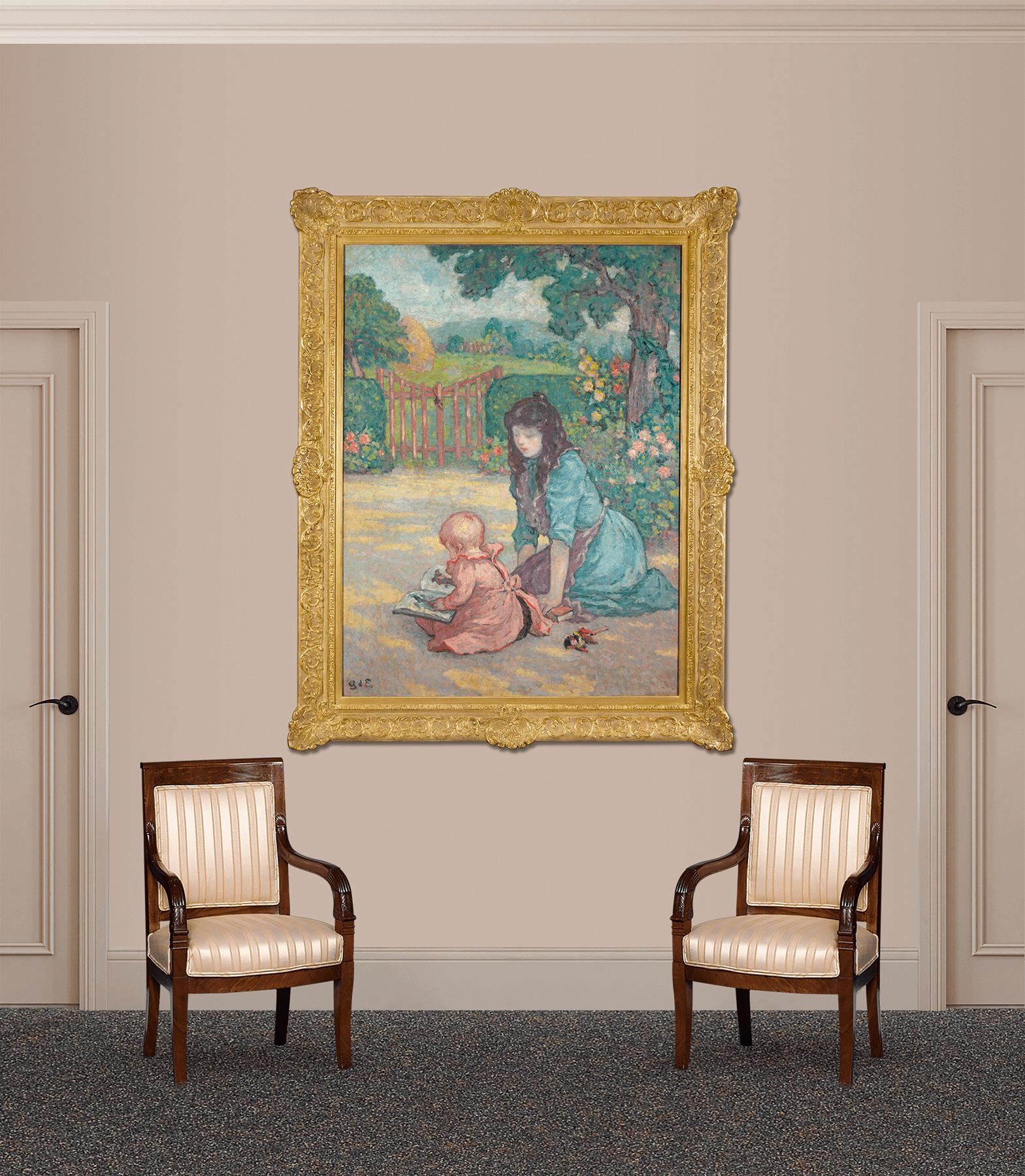 Il pittore post-impressionista francese Georges D'Espagnat cattura un momento affascinante tra una madre e il suo bambino in questo vibrante olio su tela. Realizzato con un uso studiato di colori complementari e pennellate decise, il dipinto mette