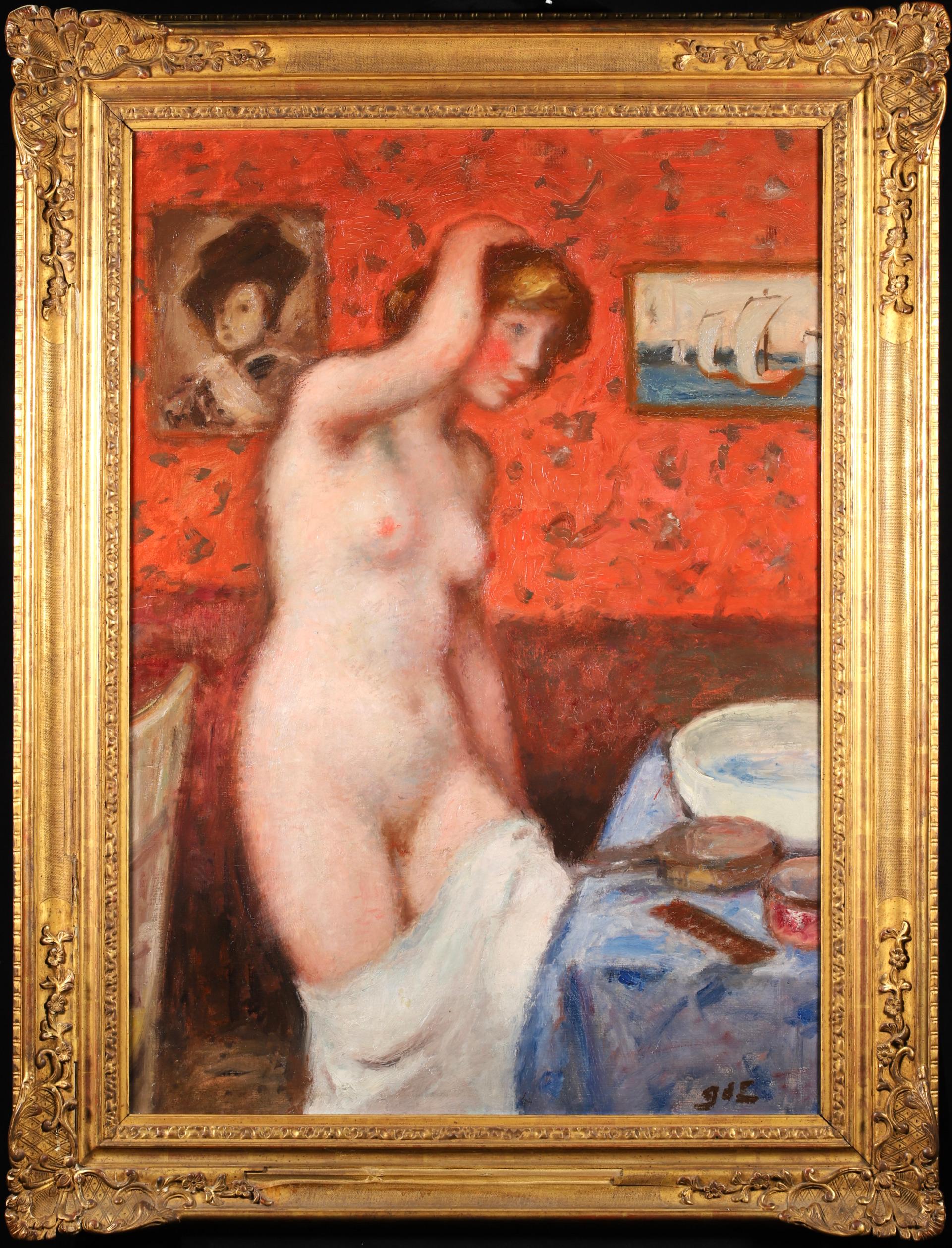 Signed oil on original canvas nude circa 1914 by French post impressionist painter Georges D'espagnat. The work depict a nude woman standing beside a wash basin in a boudoir. 

Signature:
Signed lower right

Dimensions:
Framed: 45"x34"
Unframed: