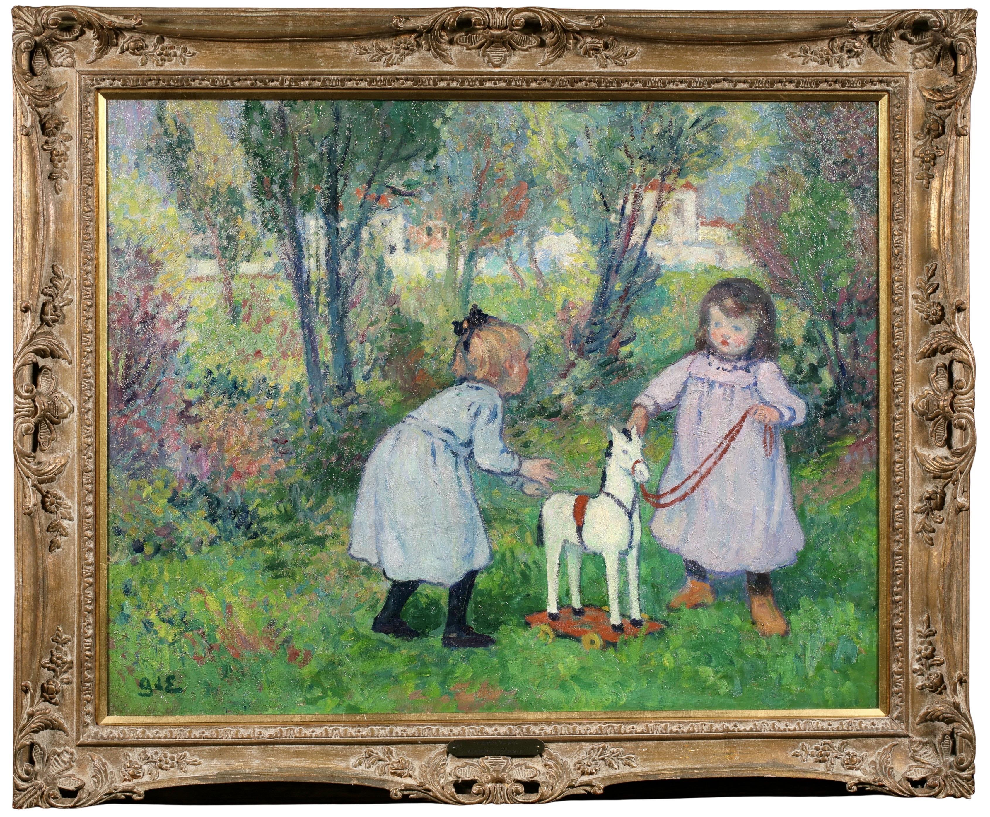 Signierte Öl auf Leinwand Figuren in der Landschaft von Französisch post-impressionistischen Maler Georges D'Espagnat. Das Werk zeigt zwei Kinder, die mit einem weißen Spielzeugpferd in einer bewaldeten Landschaft spielen. 

Unterschrift:
Signiert
