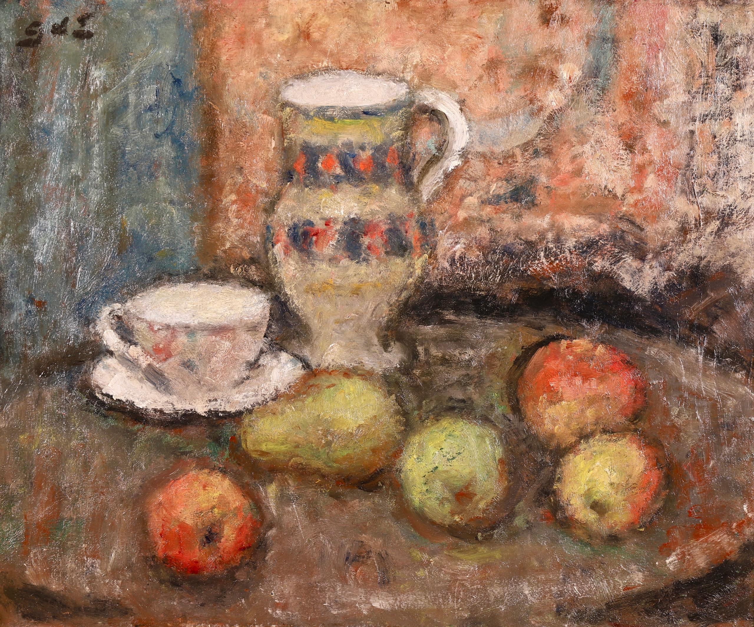 A wonderful oil on panel by French post impressionist painter Georges D'Espagnat. The work depicts a wooden table in an interior with a jug, teacup and saucer and red and green apples and pears placed upon it.

Signature:
Signed upper
