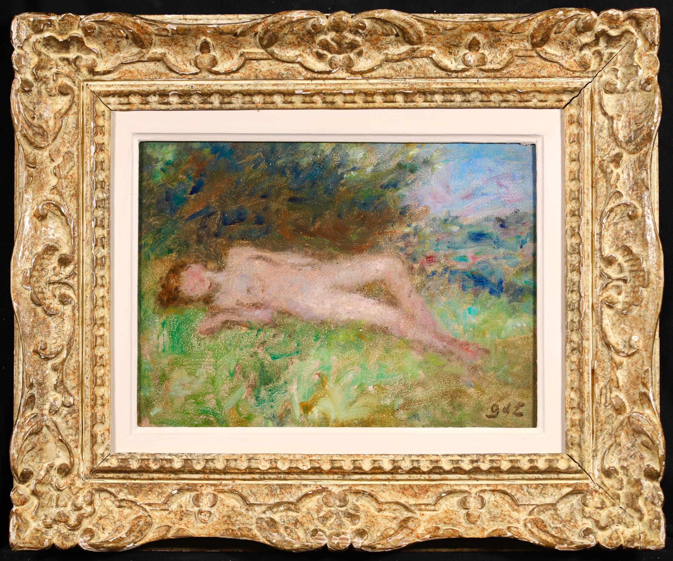 Huile sur panneau signée par le peintre post impressionniste français Georges D'Espagnat, circa 1920. L'œuvre représente une femme nue étendue sur un carré d'herbe verte au sommet d'une colline avec une vue sur la vallée au loin.

Signature :
Signé