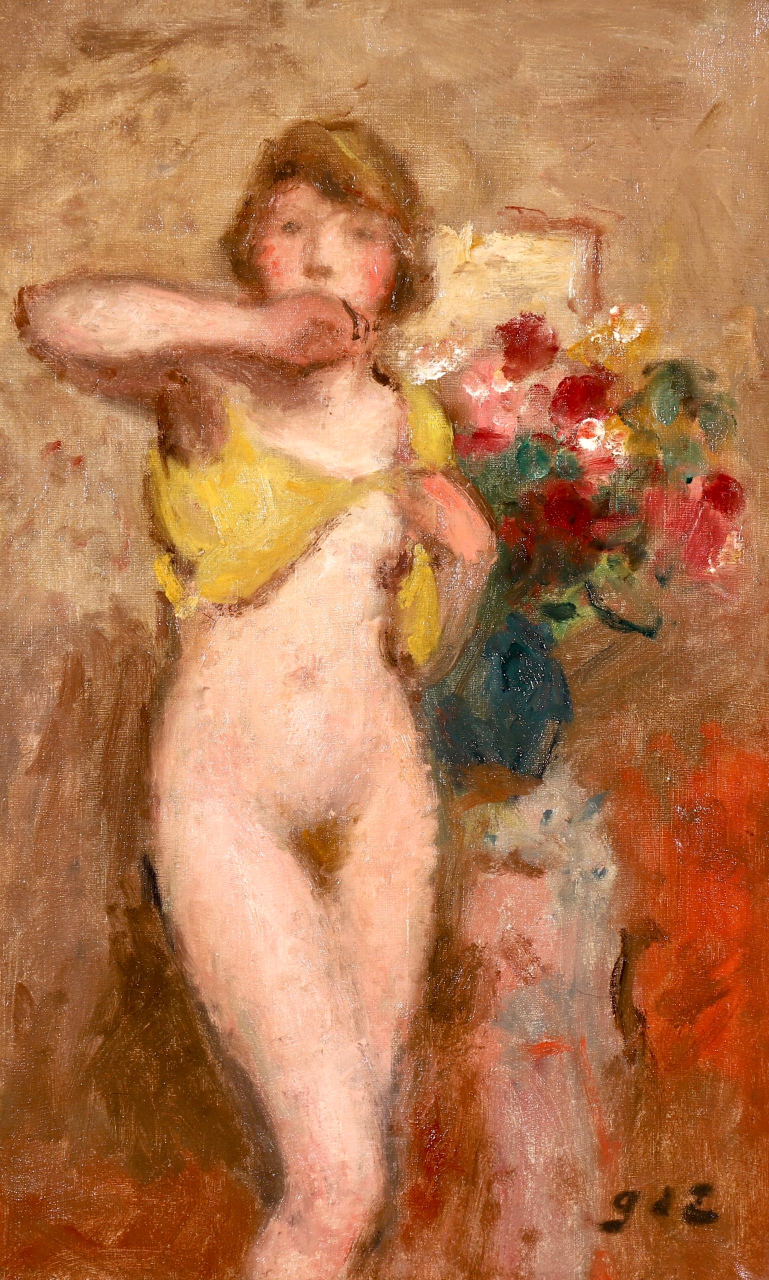 Nu avec des fleurs – Postimpressionistisches Ölgemälde, Akt und Blumen – Georges D'Espagnat im Angebot 1