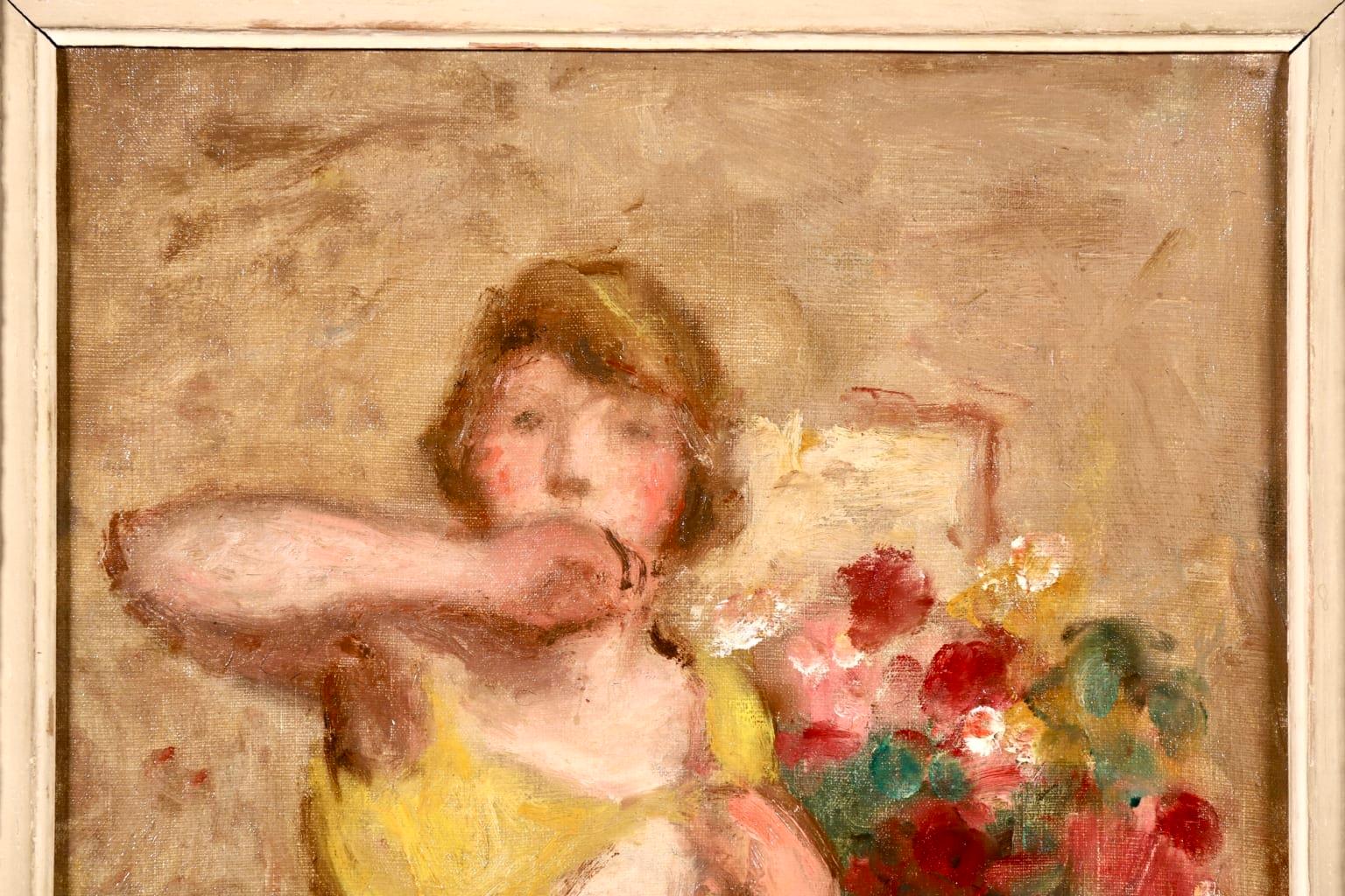 A beautiful oil on original canvas circa 1910 by French post impressionist painter Georges D'Espagnat. The work depicats a nude woman in a yellow shawl standing by a blue vase filled with pink, red and white flowers.

Signature:
Signed lower