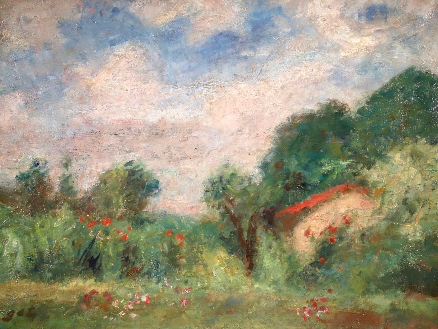 A beautiful oil on canvas circa 1930 by French post impressionist painter Georges D'Espagnat depicting a summer landscape. A red roofed-cottage is nestled within lush green trees, with red and white flowers scattered on the ground and in the bushes