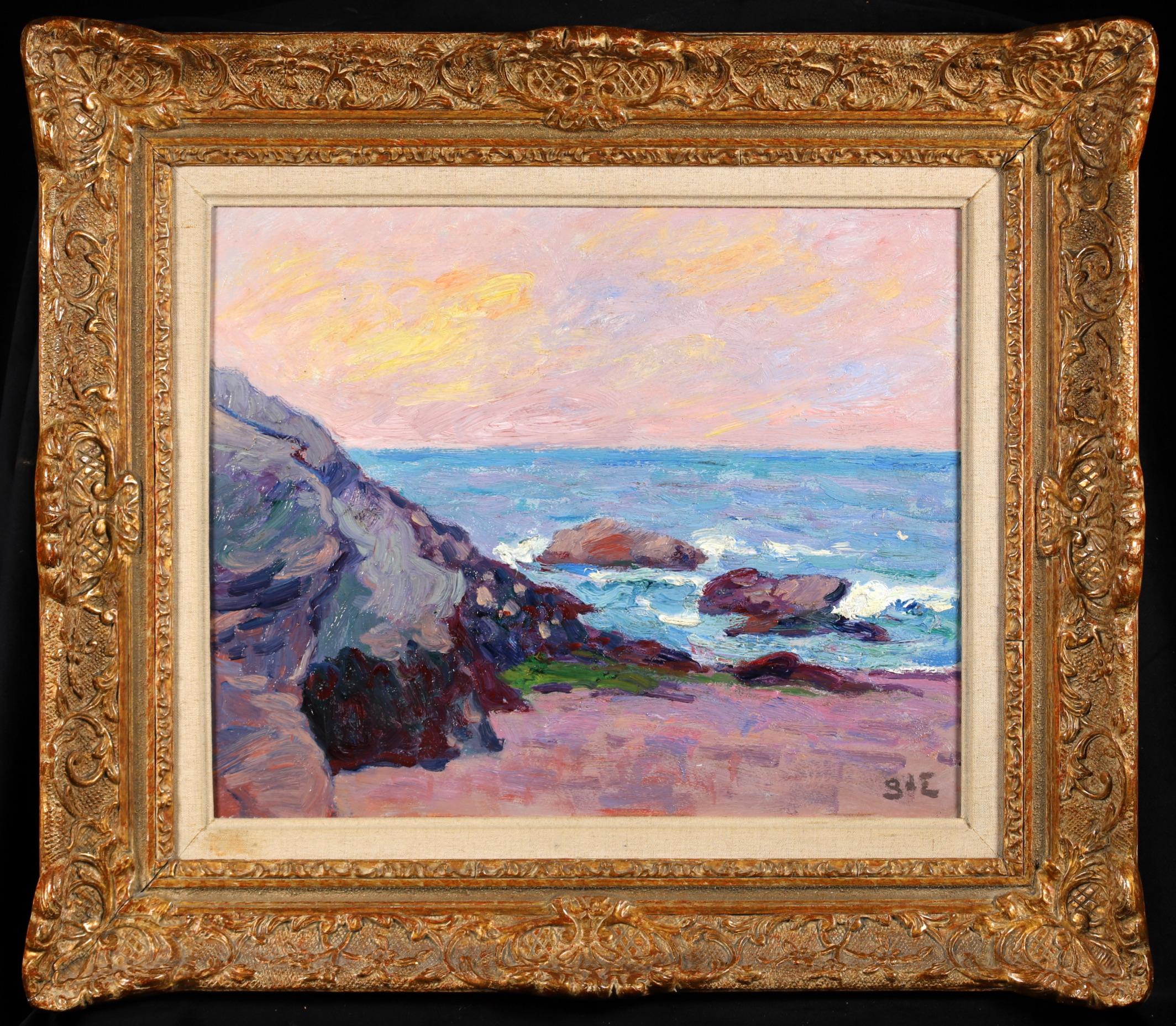 Signed post impressionist landscape oil on panel by popular French painter Georges D'Espagnat. The piece depicts the beach at Belle Ile, an island off the coast of Brittany in France, at sunset. An exceptional early painting by D'Espagnat which