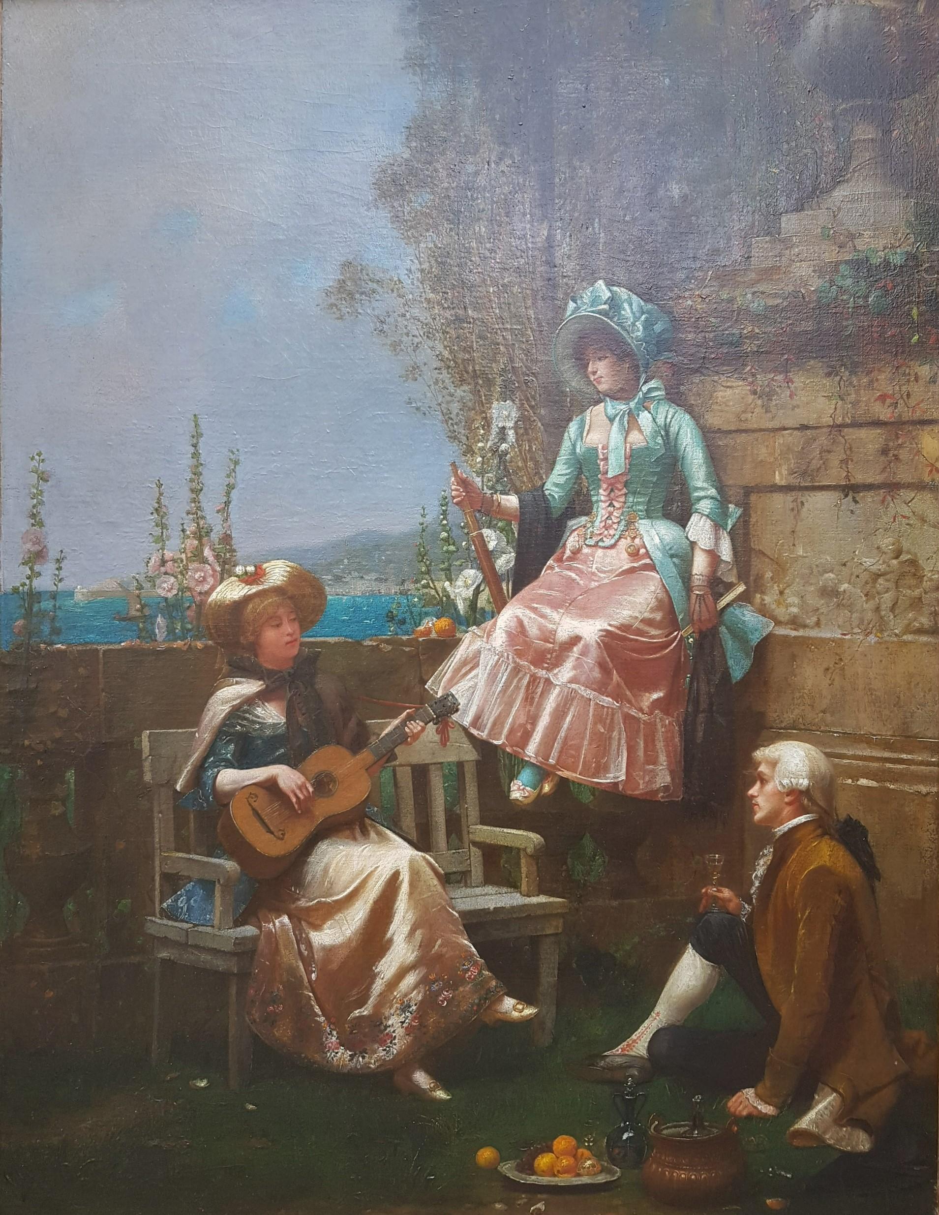 French painting 19th 18th costumes guitare romantic Oil canvas Elegant scene - Painting by Georges DEVY