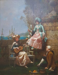 Pittura francese 19° 18° costumi guitare romantico Olio su tela Scena elegante