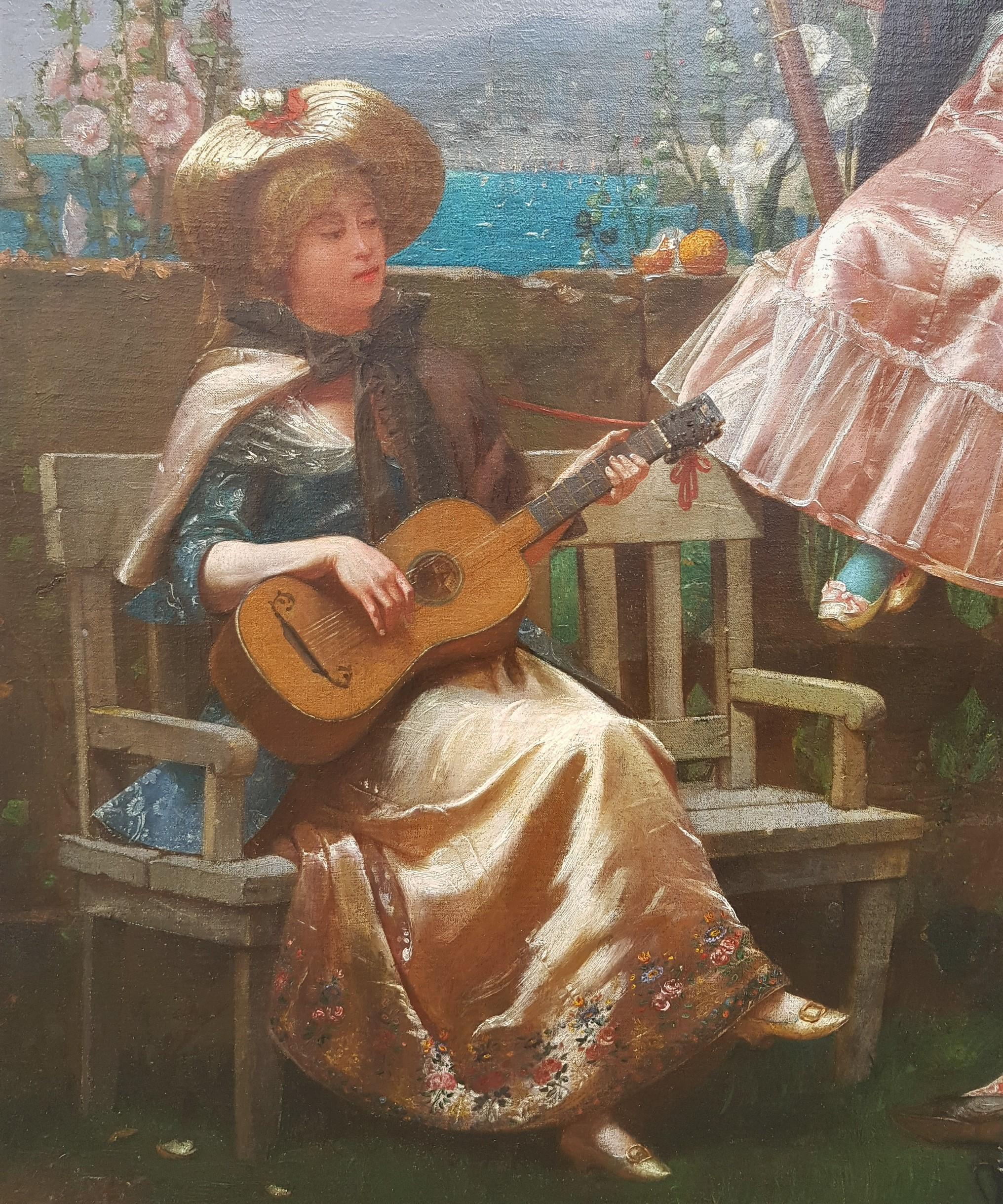 French painting 19th 18th costumes guitare romantic Oil canvas Elegant scene - Realist Painting by Georges DEVY